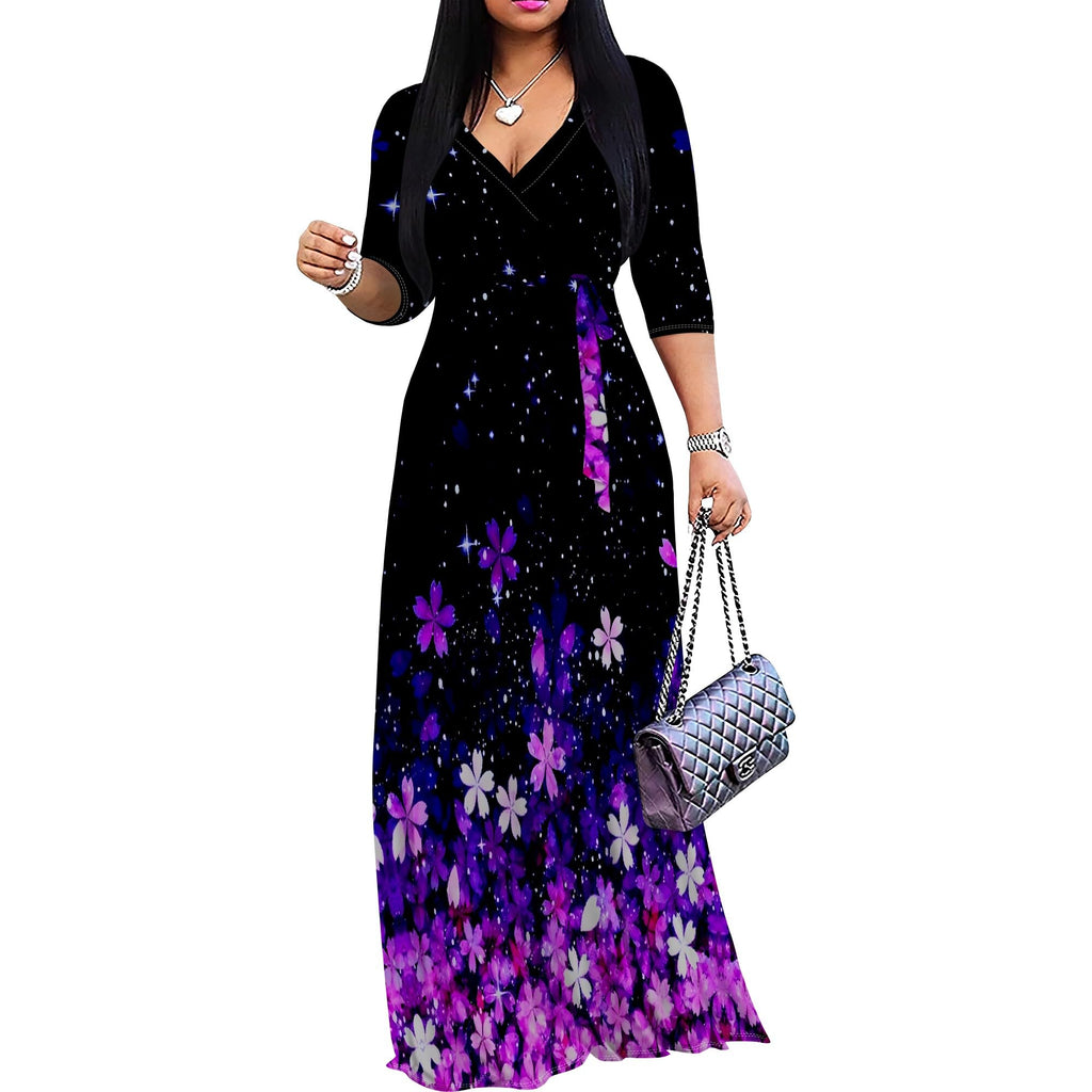 PinkPatty Women's Floral Print Maxi Dress 3/4 Sleeve V-Neck Casual Loose Wrap Tie Waist Long Dress XX-Large