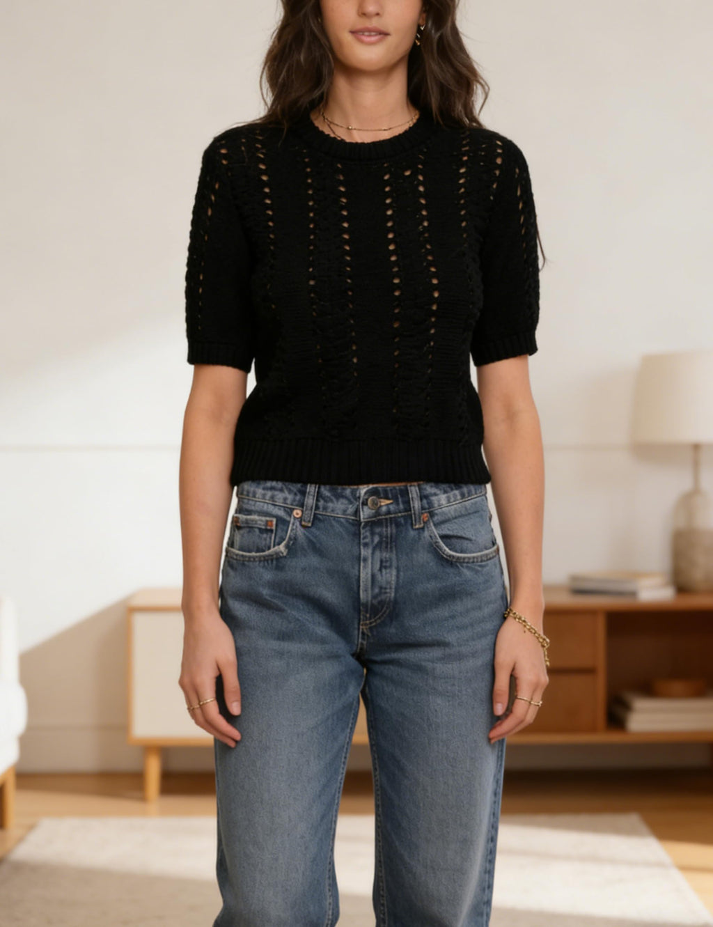 Springrain Womens Short Sleeve Sweaters Crewneck Knit Crochet Top Cropped Hollow Out Tops Pullover Shirt(Black-S)
