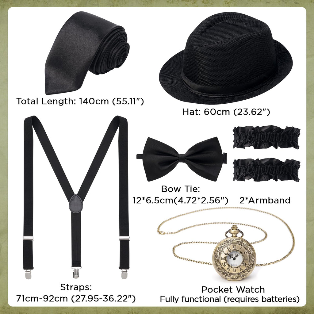 YESSA 1920s Mens Costume,1920 Mens Outfit,Roaring 20s Costumes for Men,1920s Hat Vest Pocket Watch Suspenders Tie