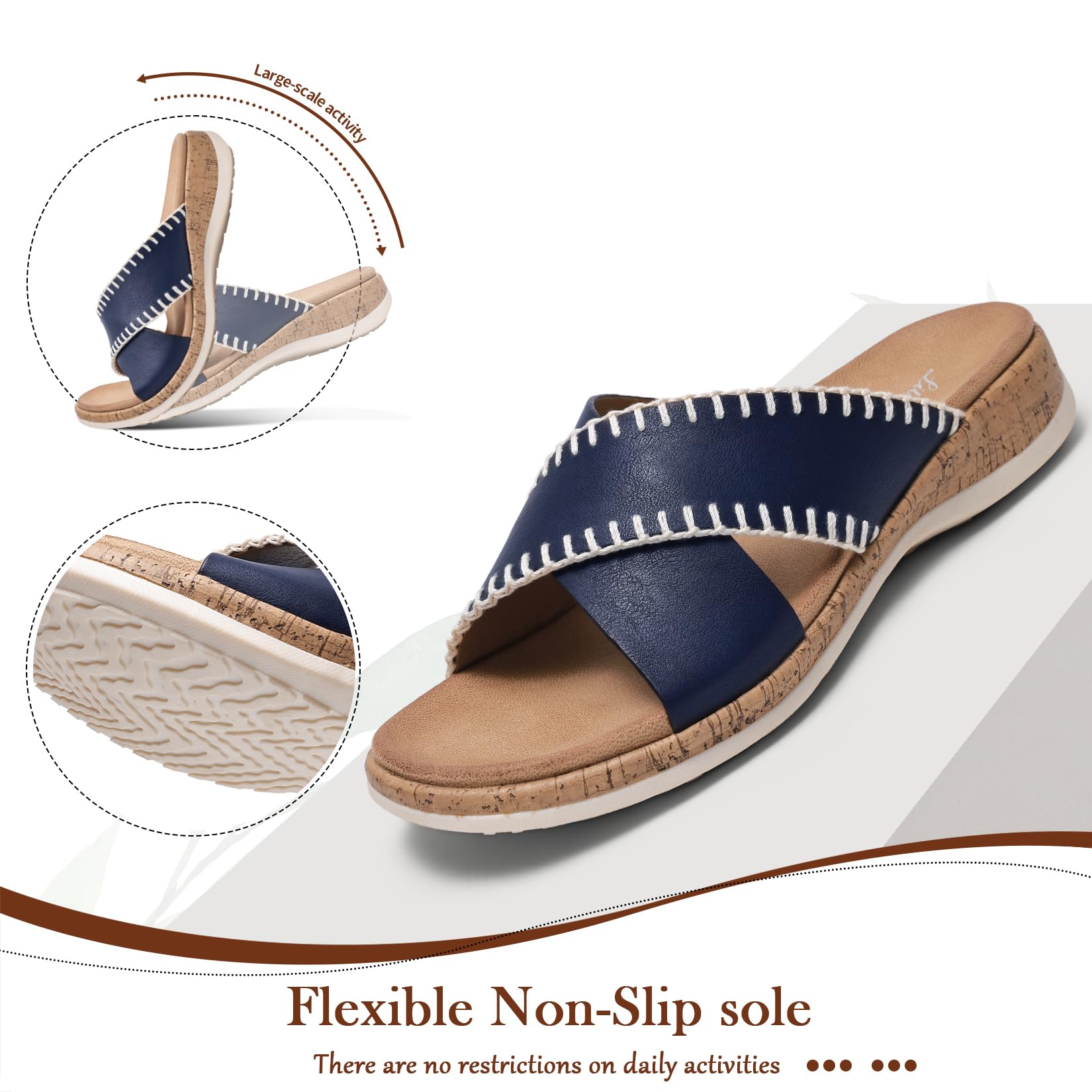 Littleplum Sandals For Women Slip On Arch Support Slides Comfortable Flat Sandals Summer Breathable Adjustable Orthotic Walking Shoes for Beach,Travel Blue Size 7.5