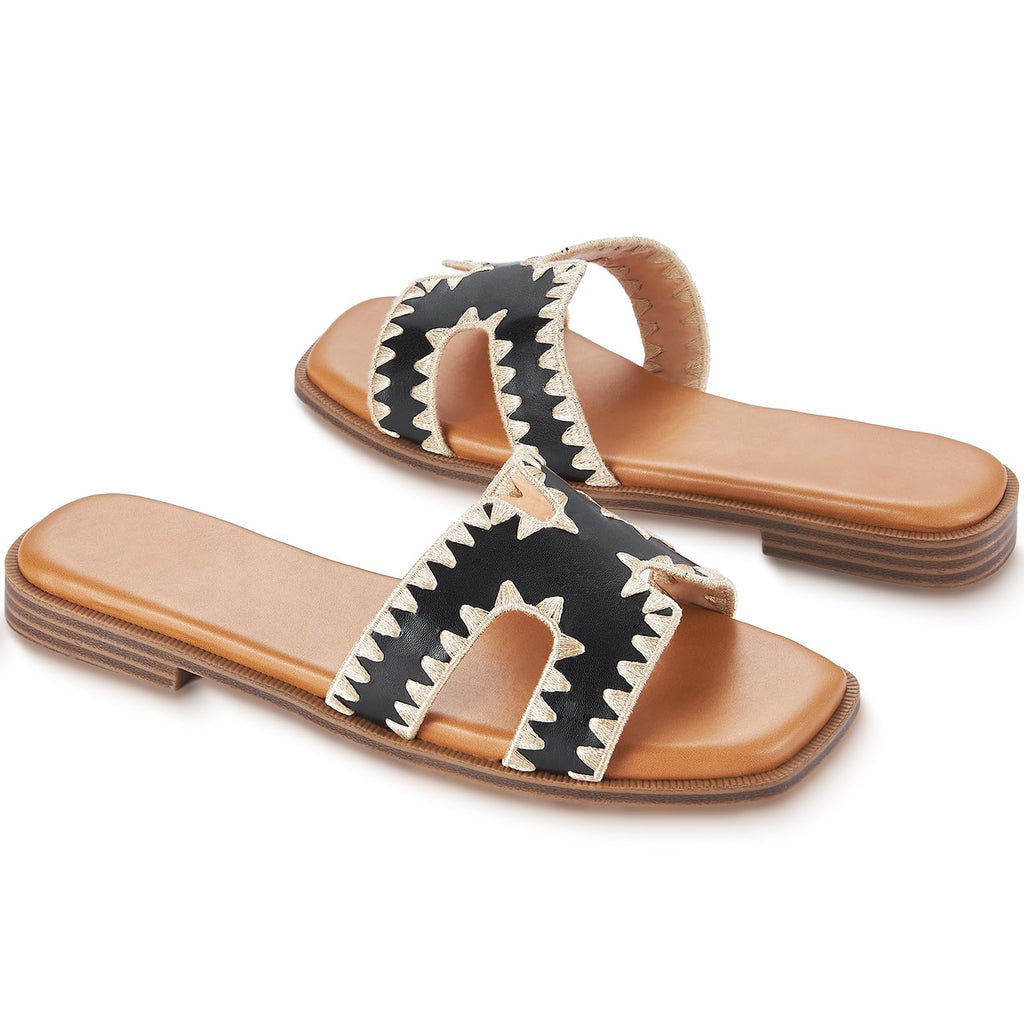 KENMITDY Womens Sandals Slip On Fashion Flat Sandals Soft Memory Foam Slides Comfortable Leather Open Toe Slide For Summer Dressy 2026 Black Size 7