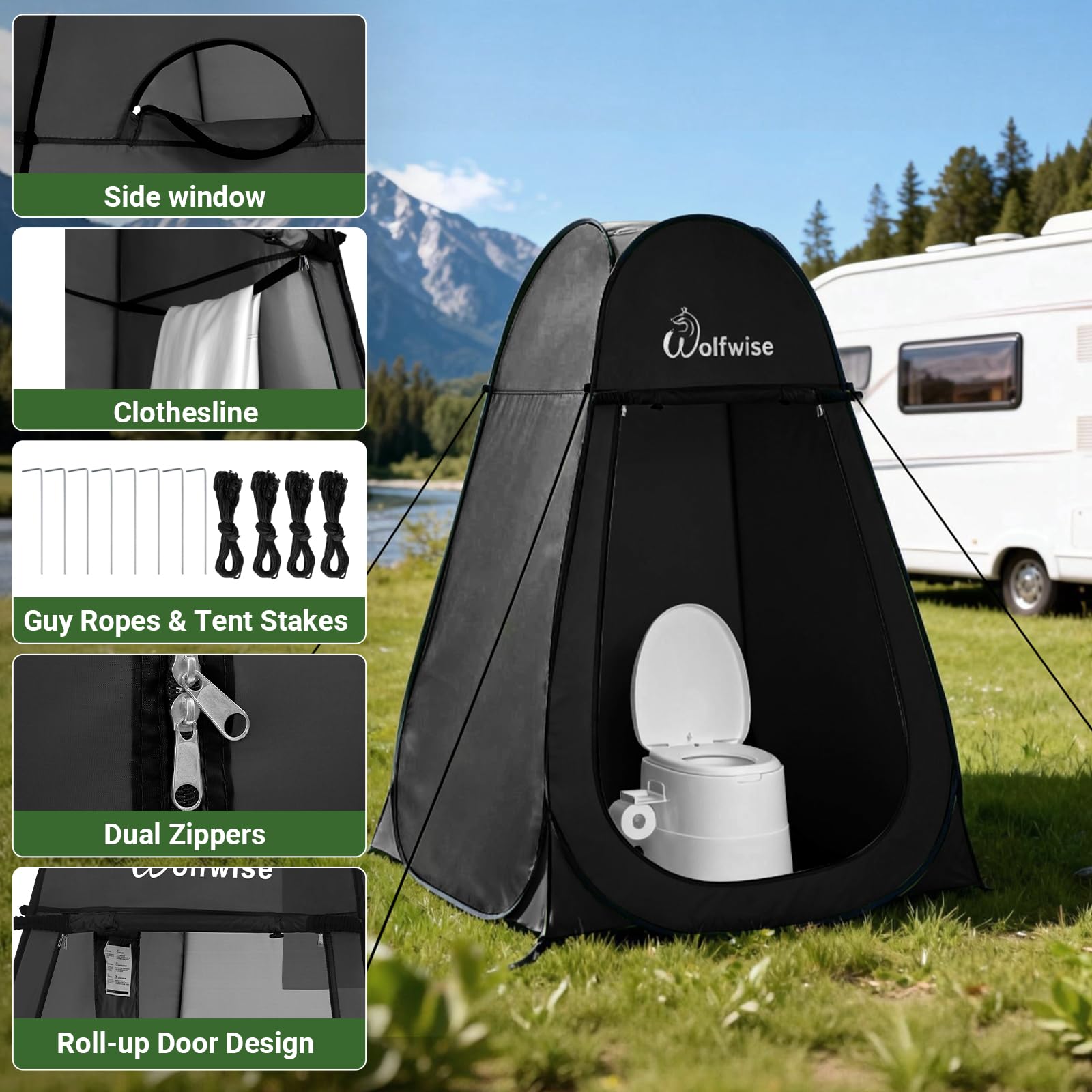 Wolfwise Pop Up Shower Tent for Camping Essentials, Portable Instant Changing Tent with Ventilation Window & Carry Bag, Privacy Dressing Room Bathroom Toilet for Beach & Outdoor, Standard, Black