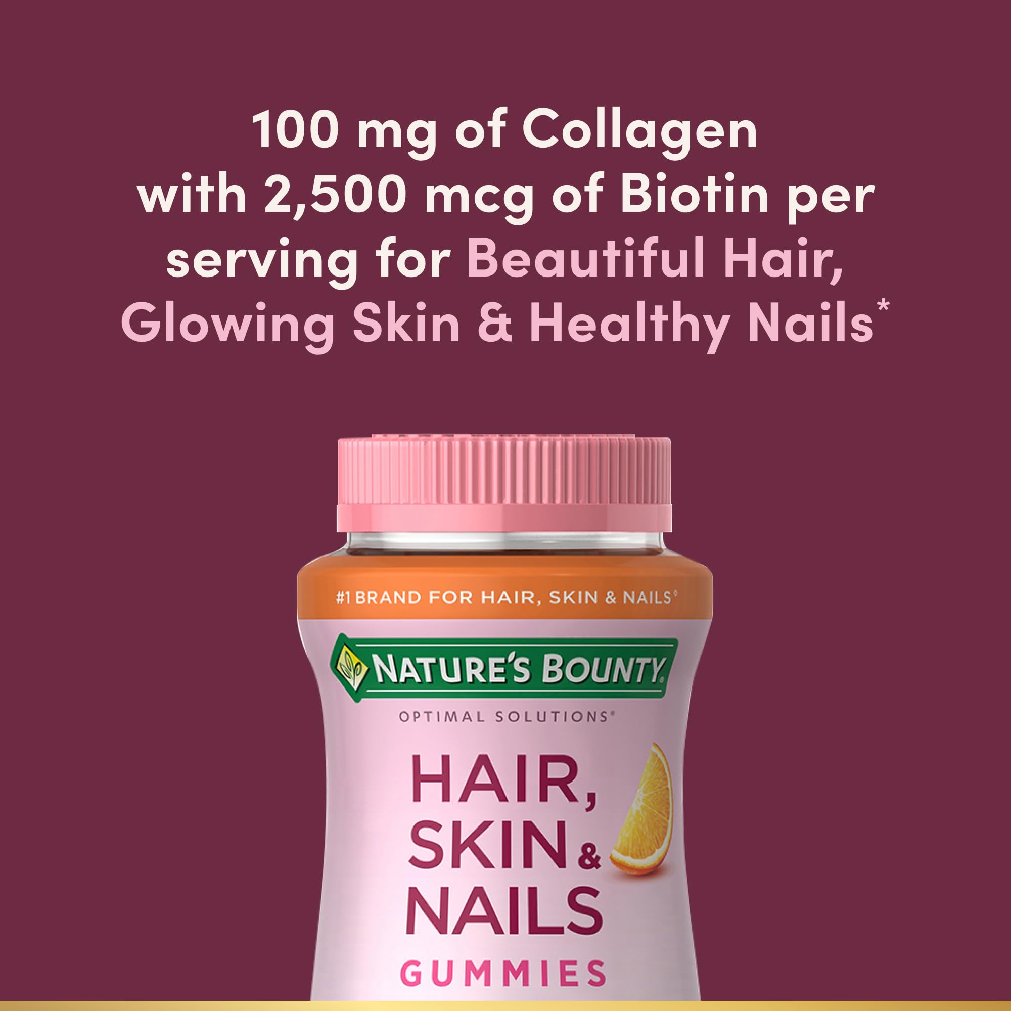 Nature's Bounty Hair, Skin & Nails with Biotin and Collagen, Citrus-Flavored Gummies Vitamin Supplement, Supports Hair, Skin, and Nail Health for Women, 2500 mcg, 80 Ct (2 Pack), 80 Total Servings