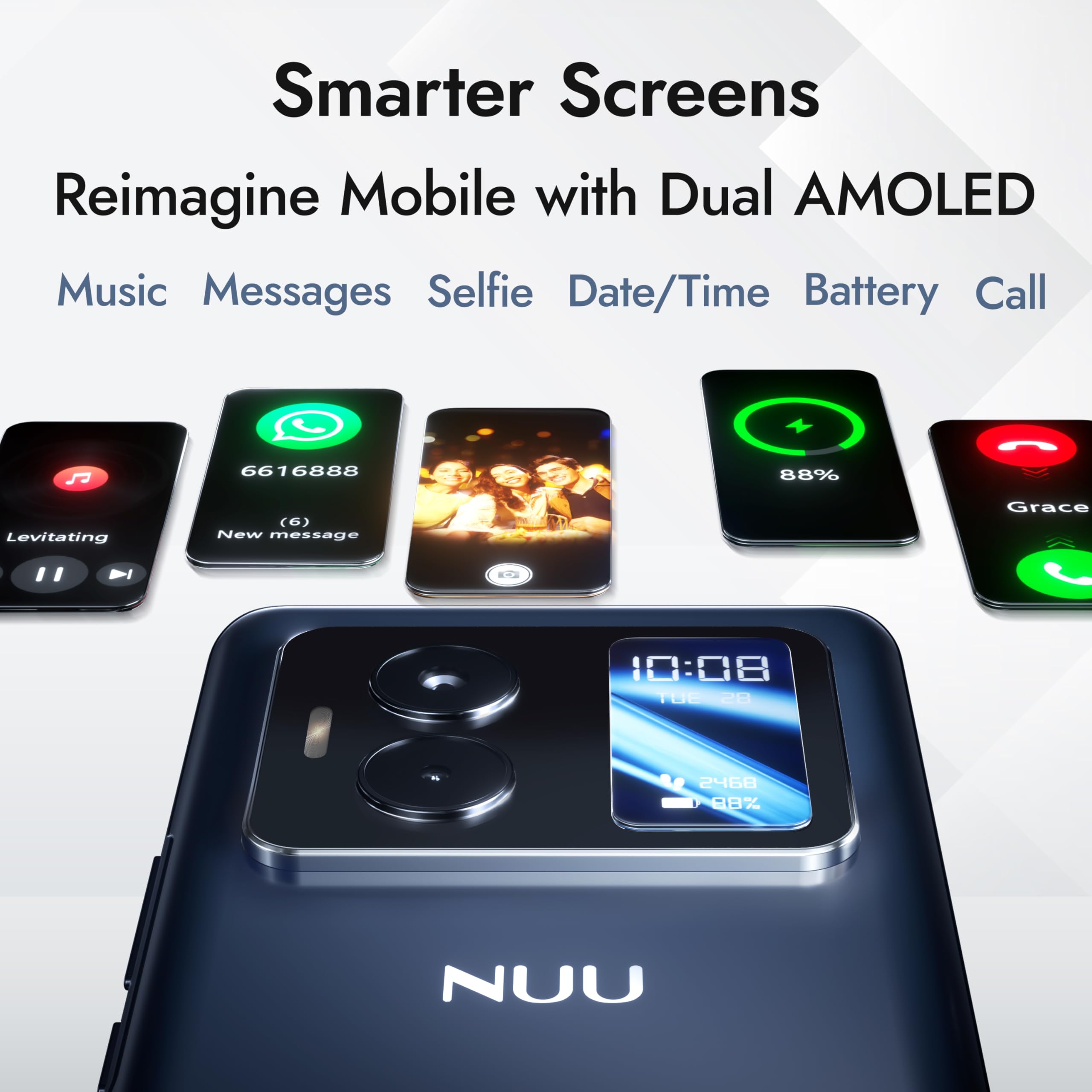 NUU B40 5G, Cell Phone, Unlocked, Dual SIM, Dual AMOLED Display, 120Hz, 64 MP Camera, 8GB+256GB, Android 15, US Version, US 1 Yr Warranty, Midnight Grey