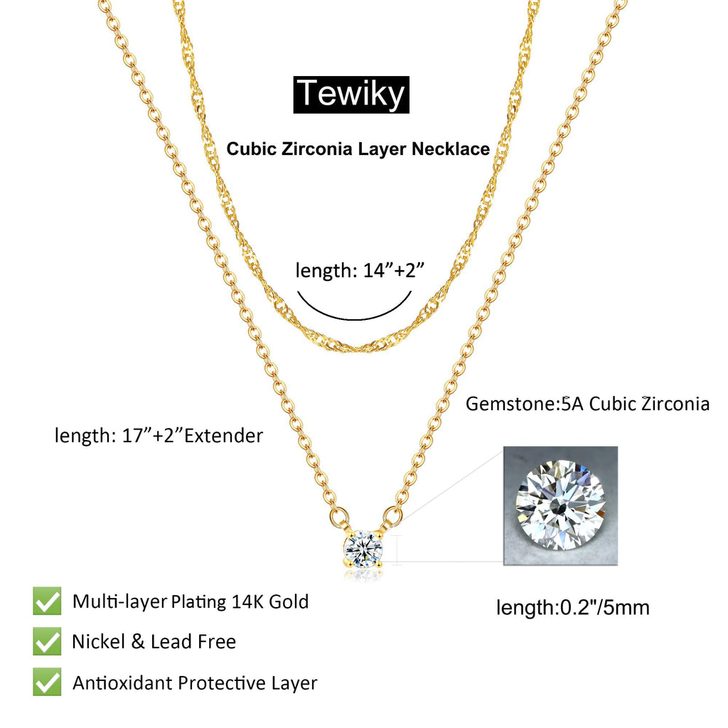 Tewiky Dainty Layered 14K Gold Plated Cubic Zirconia Necklace for Women, Simple Solitaire Pendant Chain Choker Necklaces Set Cute CZ Trendys Gold Jewelry Gift