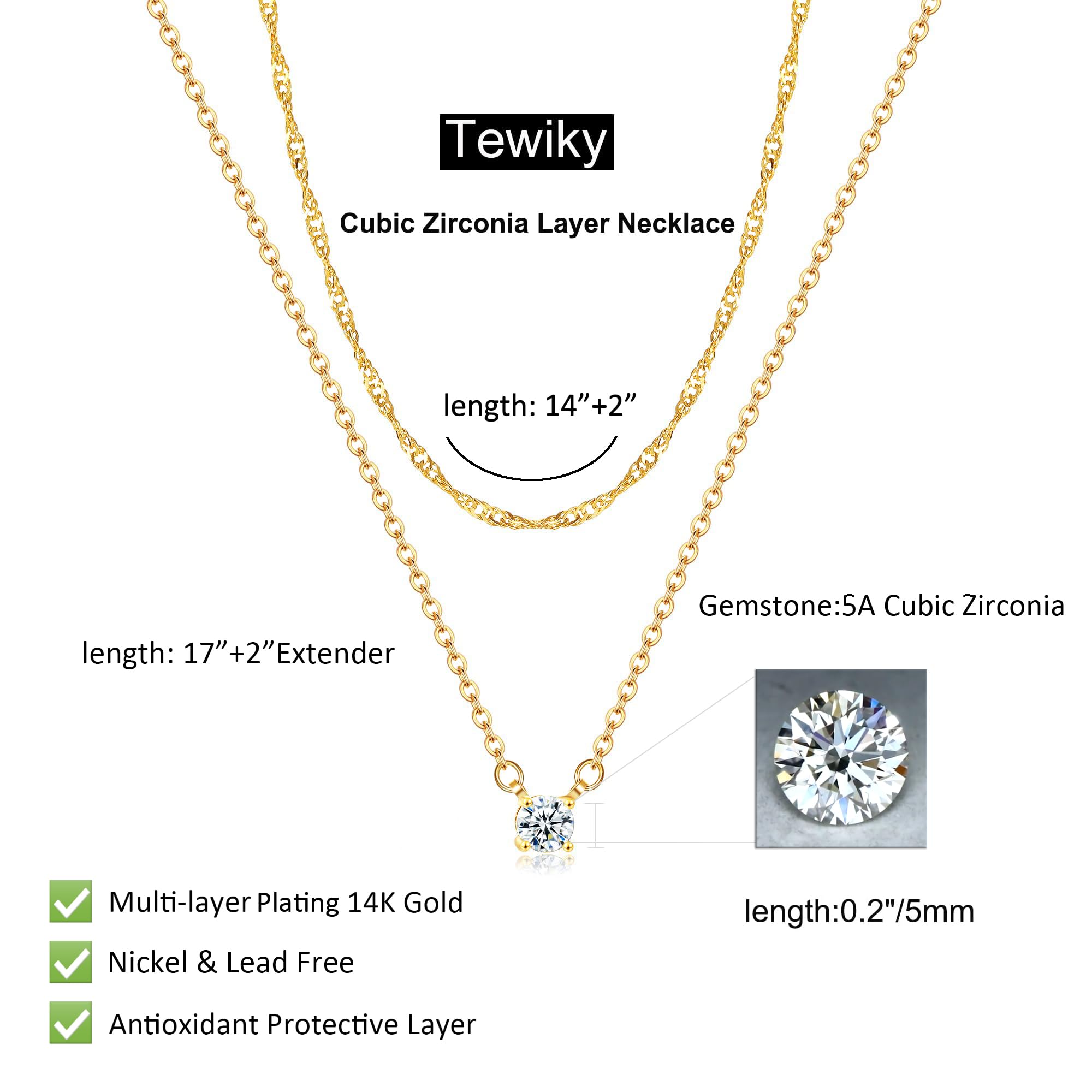 Tewiky Dainty Layered 14K Gold Plated Cubic Zirconia Necklace for Women, Simple Solitaire Pendant Chain Choker Necklaces Set Cute CZ Trendys Gold Jewelry Gift