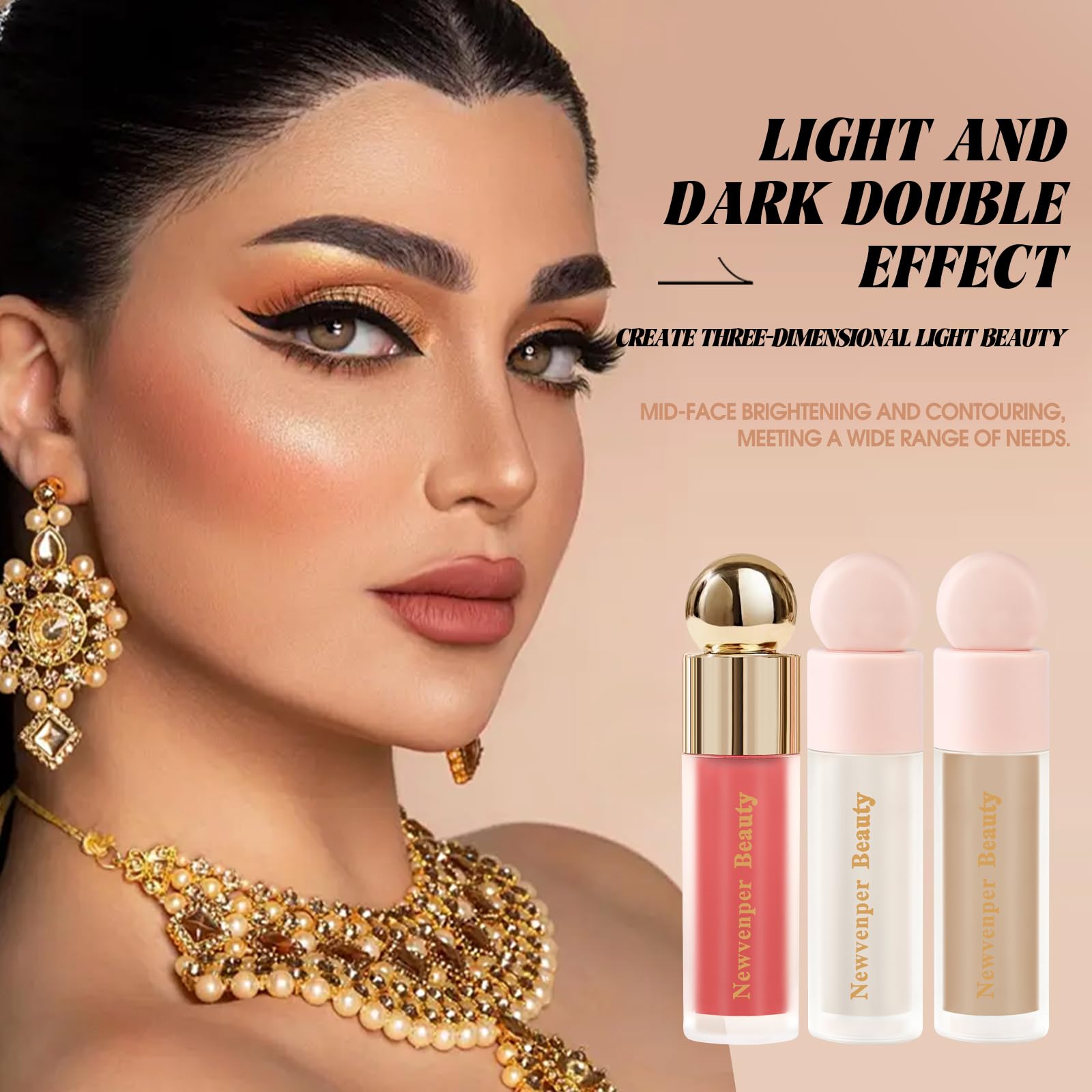Liquid Contour,Liquid Highlighter, Blush with Face Brush Long Lasting Smooth Lightweight Smudge Proof Contour+ Blush+ Highlighter