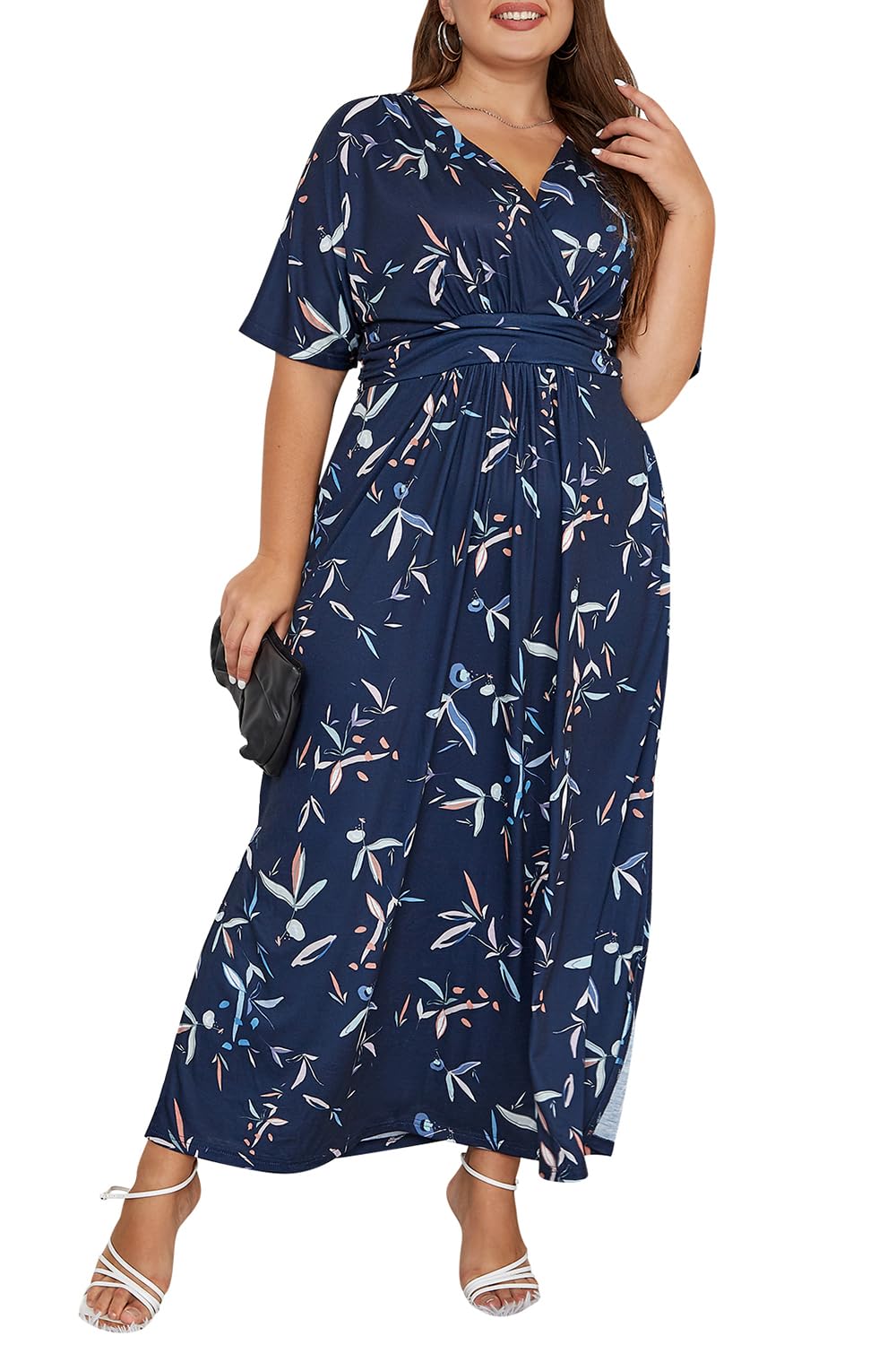 Keluummi Plus Size Maxi Dress for Women Floral Empire Waist V-Neck 3/4 Sleeve with Pockets(18 Plus, 02 - Navy Blue Floral)