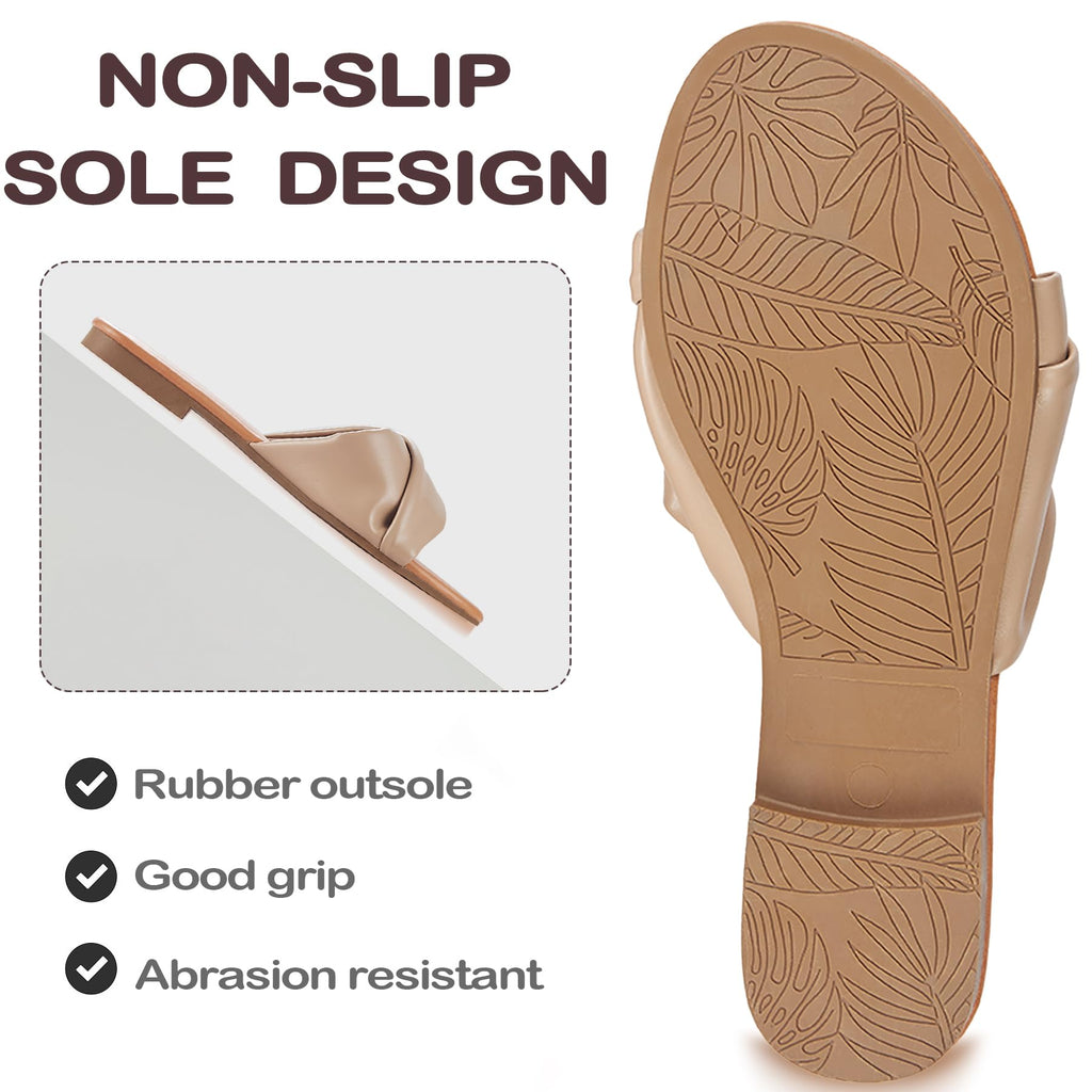 YTSKJ Women's Flat Sandals Round Open Toe Comfortable Fashion Cute Ladies Slides Sandals Women Dressy Summer Flat Leather Casual Fashion Beach Shoes Camel Size 9