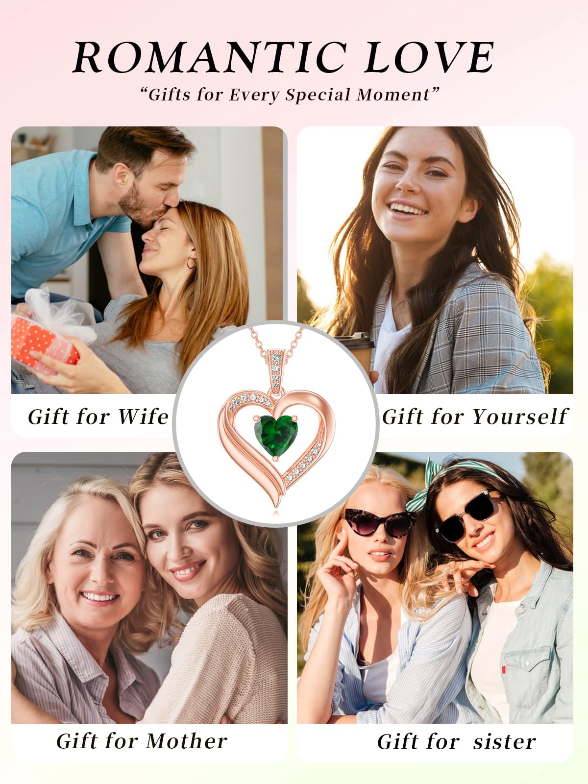 KQ&TTENG Necklace for Women Rose Gold Heart Emerald Pendant May Birthstone Necklace Jewellery Birthday Gifts for Wife Mother Her
