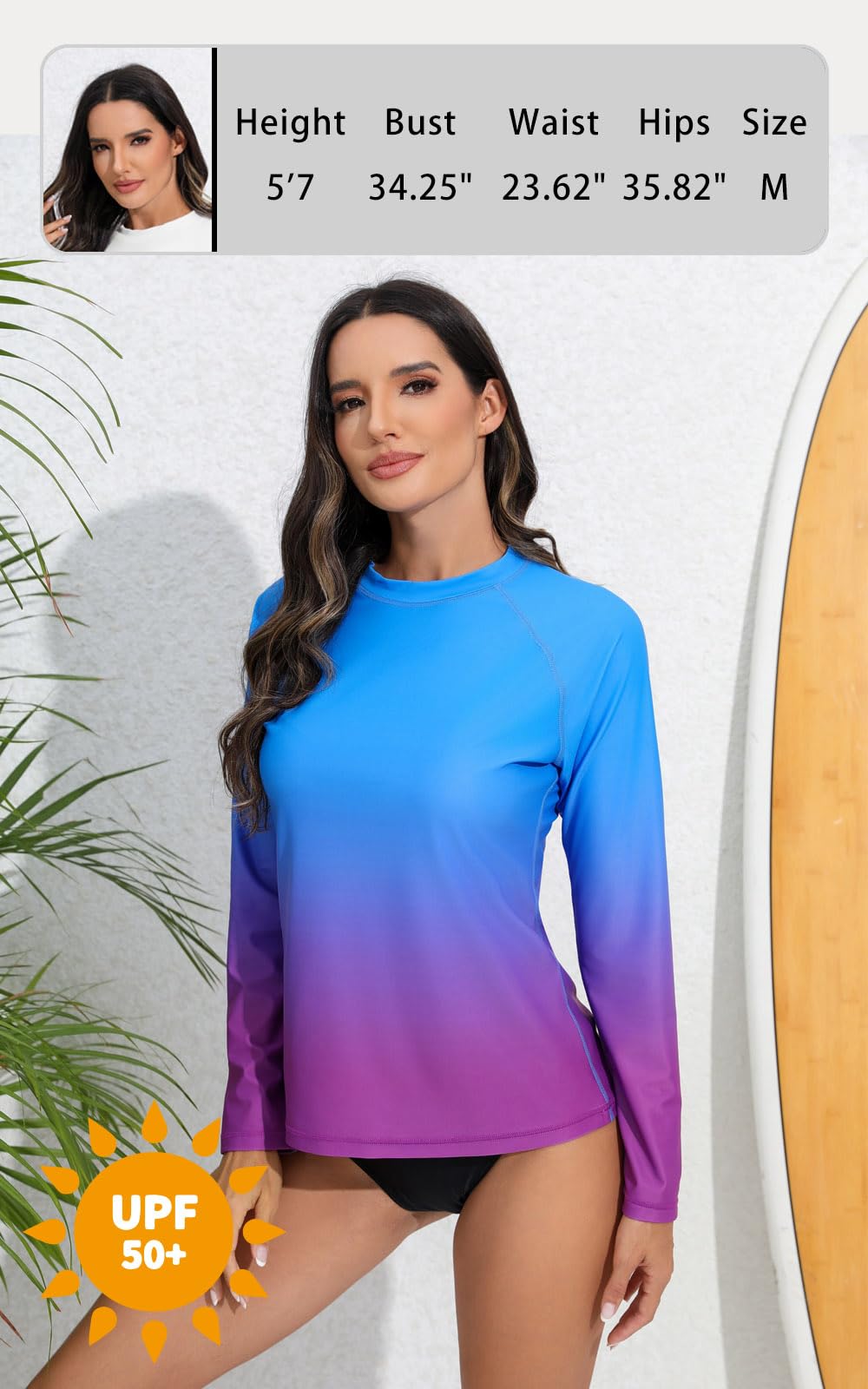 Halcurt Women's Long Sleeve Rash Guard Swim Shirts Quick Dry UPF50+ UV Sun Protection Swimsuit Top Ombre Blue Purple XL