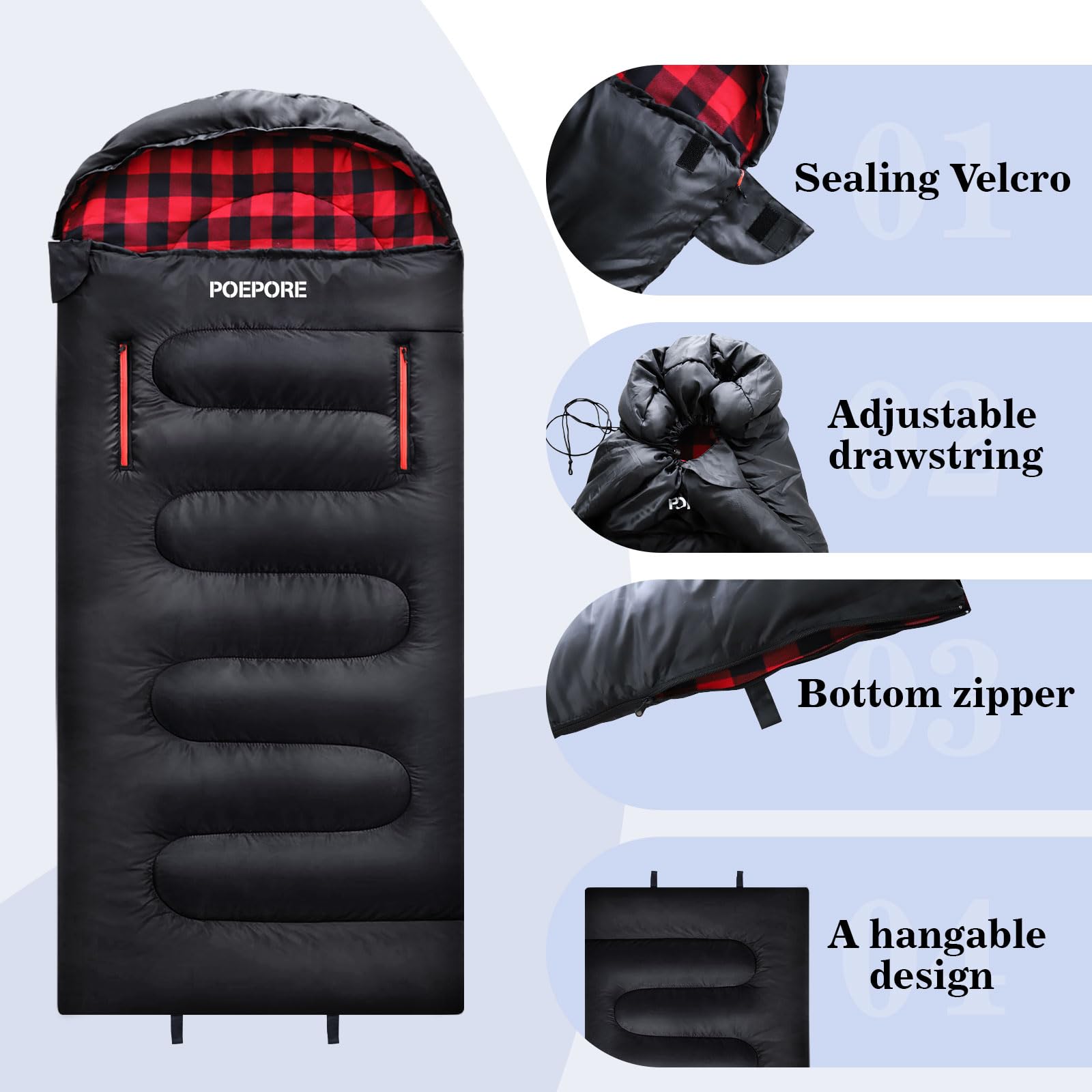 POEPORE Flannel Sleeping Bag Lightweight Warm Weather 3-4 Seasons for Adults XL Wearable Sleeping Bag Waterproof with Compression Sack Black/Red