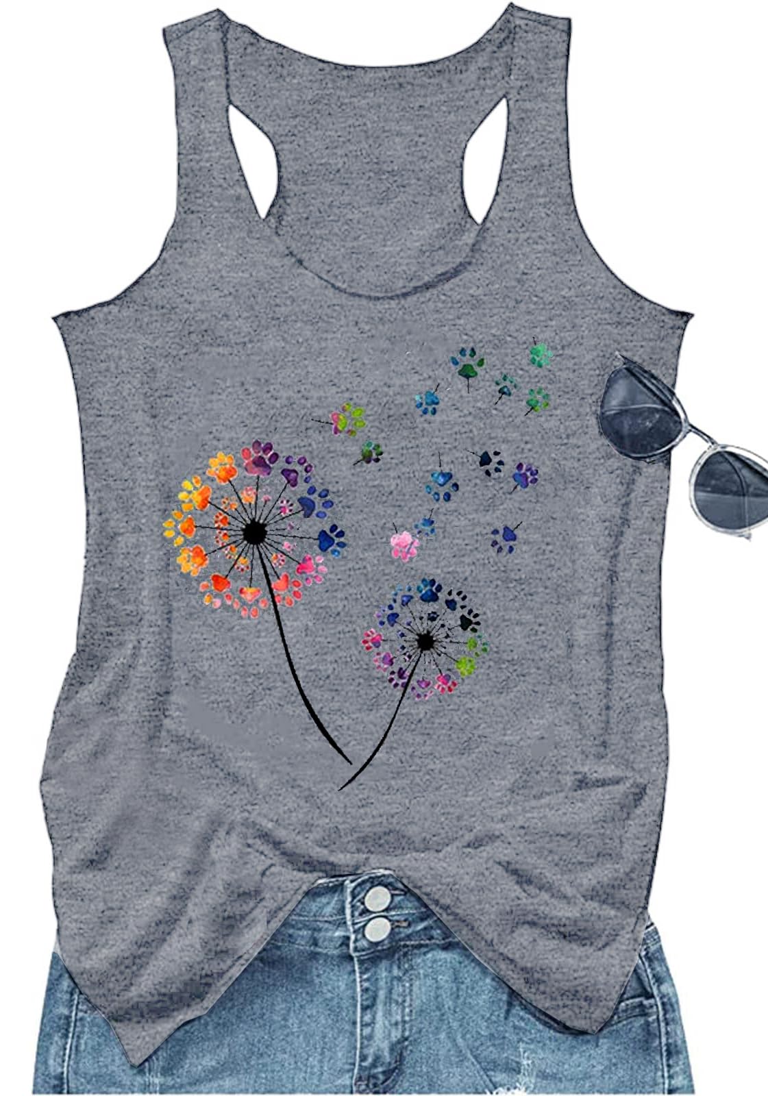 Boho Tank Tops for Women Dandelion Paws Print Graphic Tees Summer Basic Vacation Tank Tops Trendy Sleeveless T Shirt (Gray2, M)