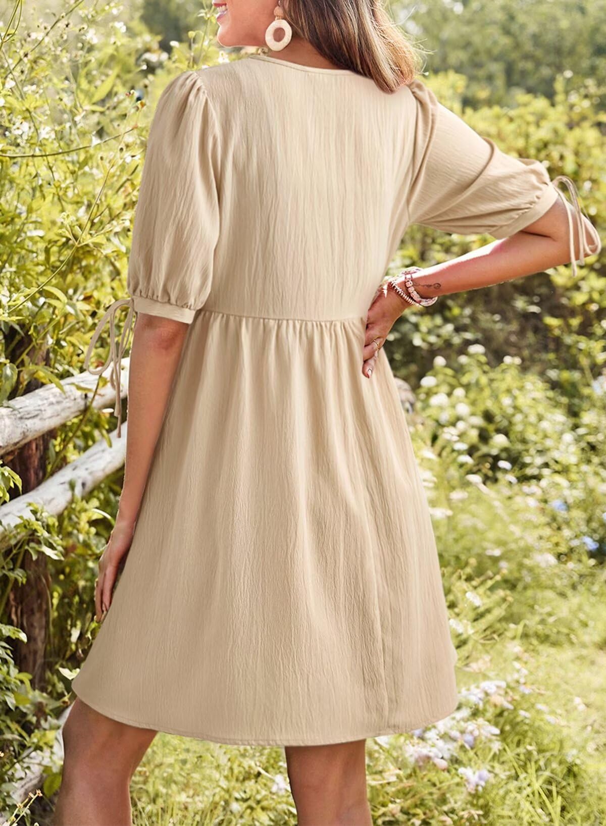 Dokotoo Womens Dresses 2026 Summer Spring V Neck Bow Tie Short Sleeve Empire Waist A-Line Mini Dress Flowy Dresses for Women Apricot XX-Large
