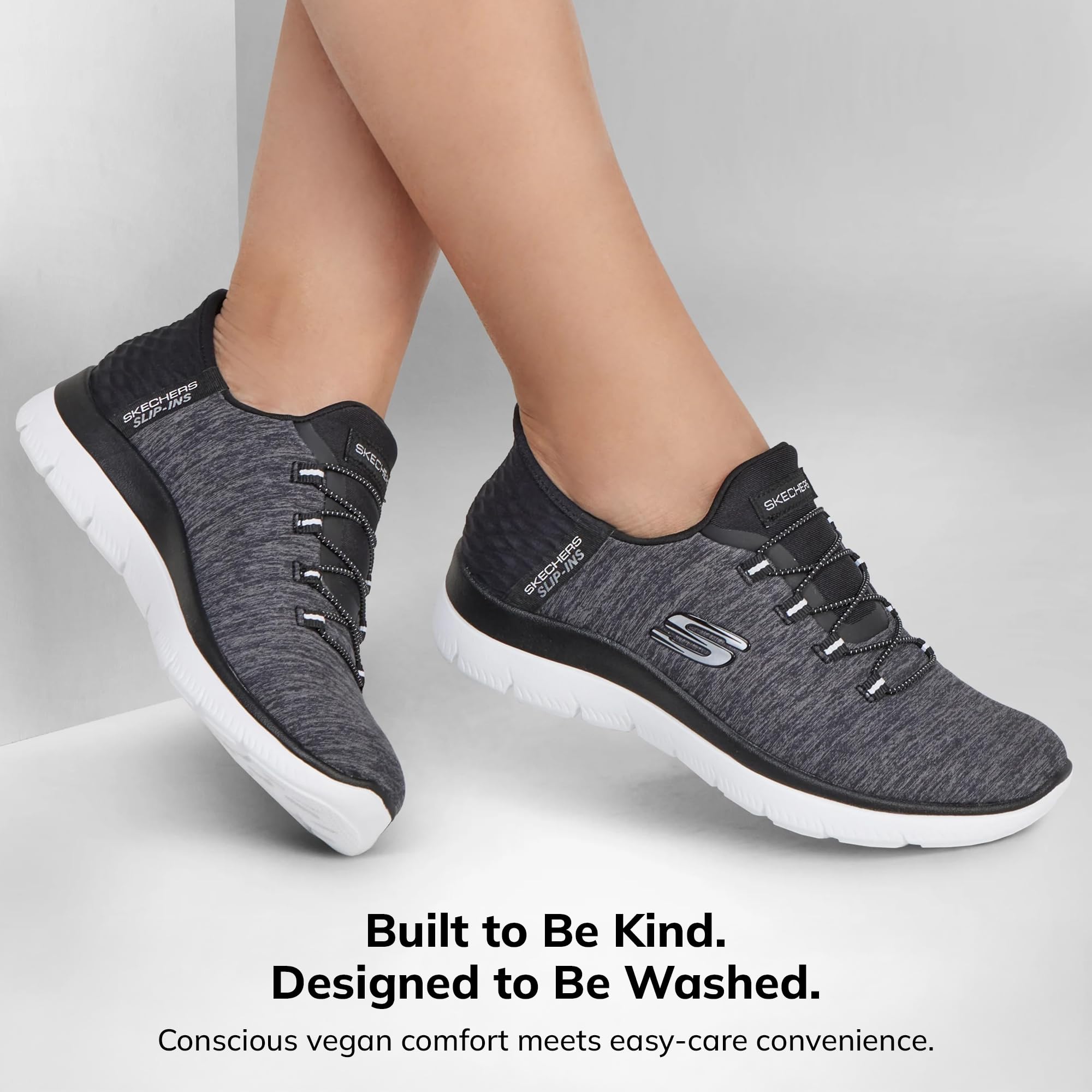 Skechers Women's Summits Hands-Free Slip-Ins – Memory Foam Insole, Heel Pillow, Vegan Materials Sneaker, Black White, 8
