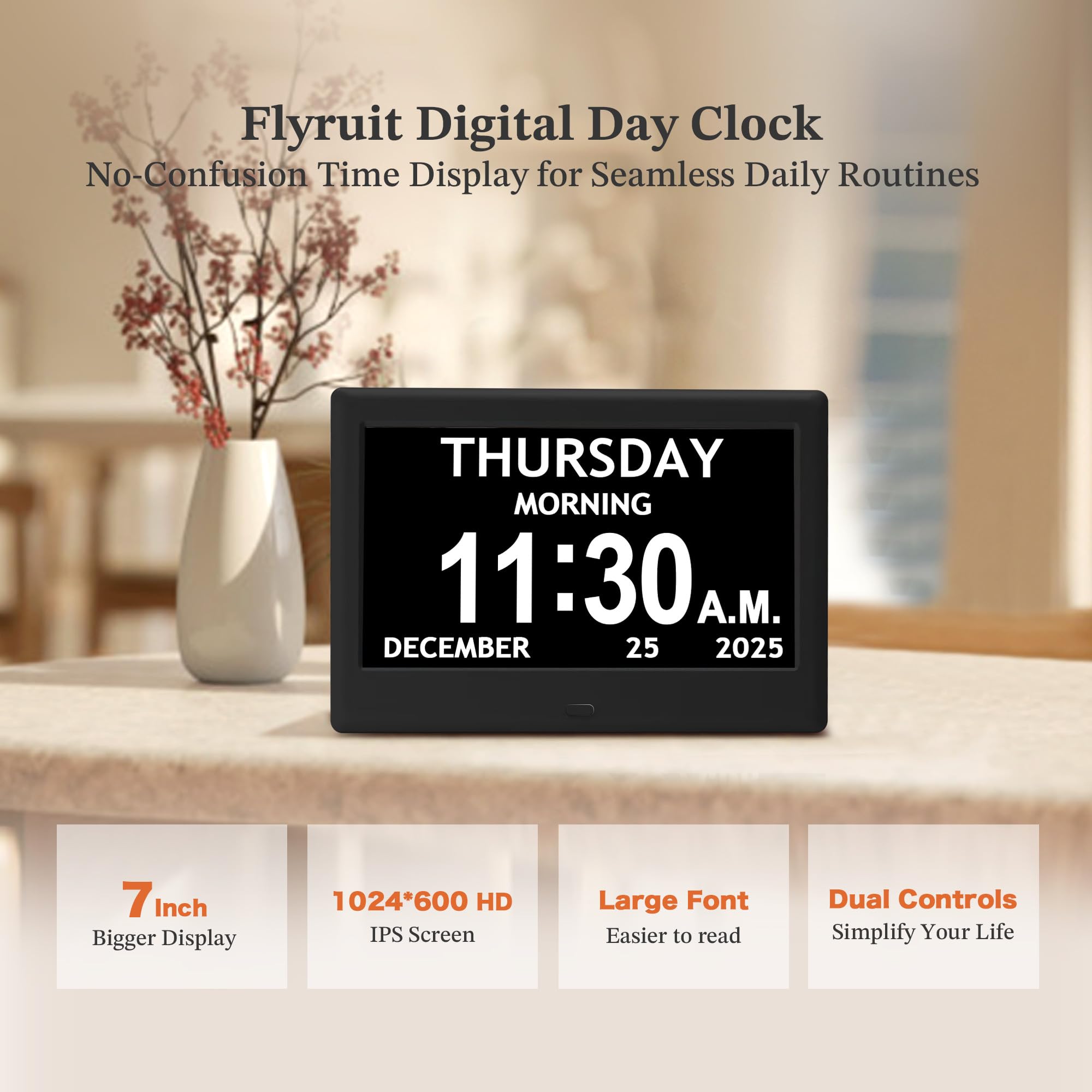 7'' Dementia Clock For Seniors, Large Display Digital Clock With Date, Time, Day Of Week for Elderly, Memory Loss, Alzheimer, 1024*600P HD, 10 Reminders & 6 Alarms, Auto Dimming & DST, Remote Control