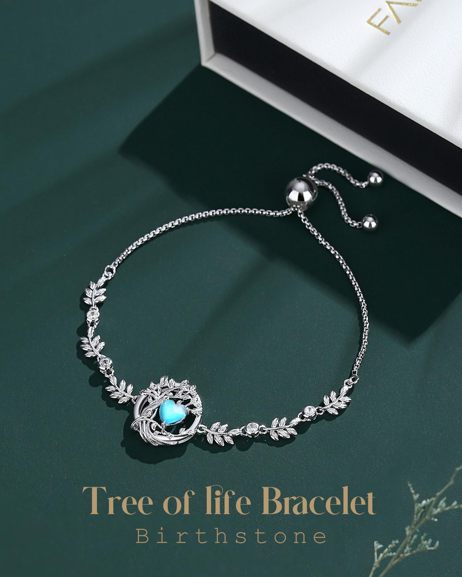 FANCIME Tree of life June Birthstone Bracelet for women Sterling Silver Tree Jewelry Moonstone Charm Bracelet Rainbow Gemstone Anniversary Birthday Christmas Gifts for Wife Mom Her