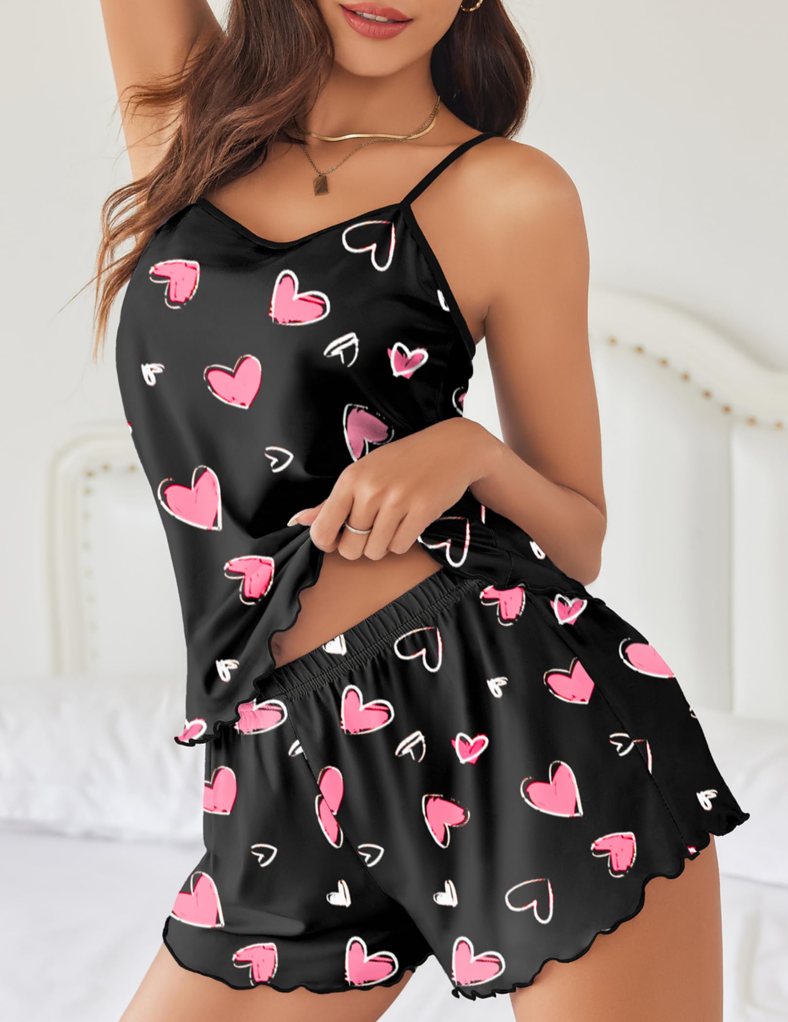 Ekouaer Womens Cami Pajama Sets 2 Piece Cute Print Pjs Soft Tank Top & Elastic Waist Shorts Camisole Lounge Set Pink Heart L