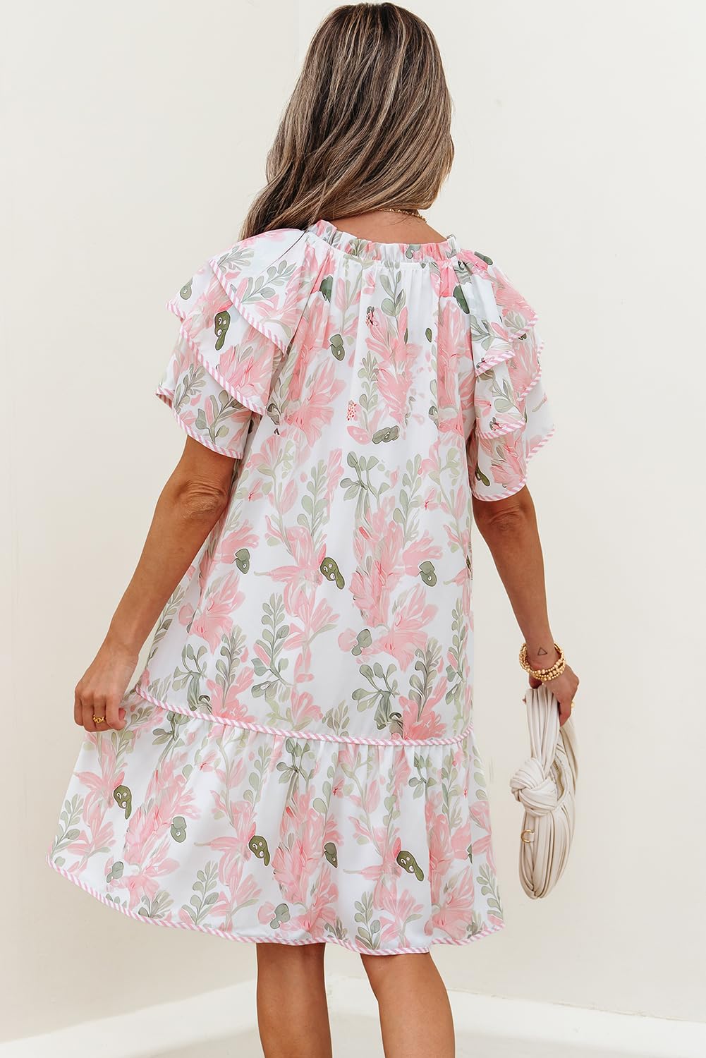Dokotoo Summer Dresses for Women 2026 Boho Floral Print Ruffle Short Sleeve V Neck Drawstring Tie Casual Elegant Bohemian Cute Flowy Babydoll Sun Dress Party Wedding Guest Sundresses Pink Small