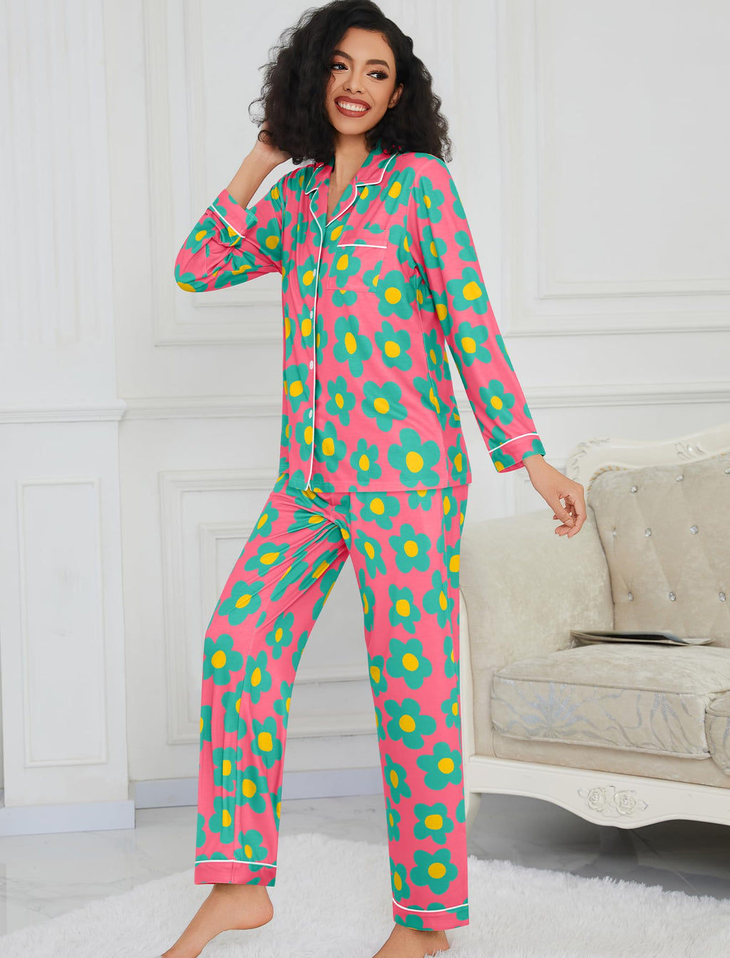 SWOMOG Pajamas Women's Long Sleeve Sleepwear Soft Button Down Loungewear Pjs Set Nightwear S-XXL Rose Blue Flower