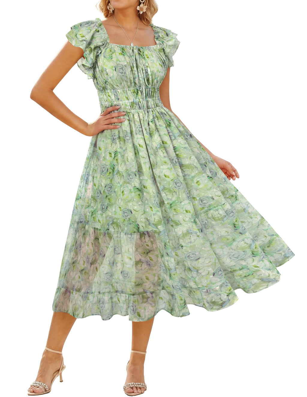 GRACE KARIN 2026 Women's Spring Floral Midi Dress Beach Wedding Guest Dresses Flowy A Line Casual Summer Clothes Green XL