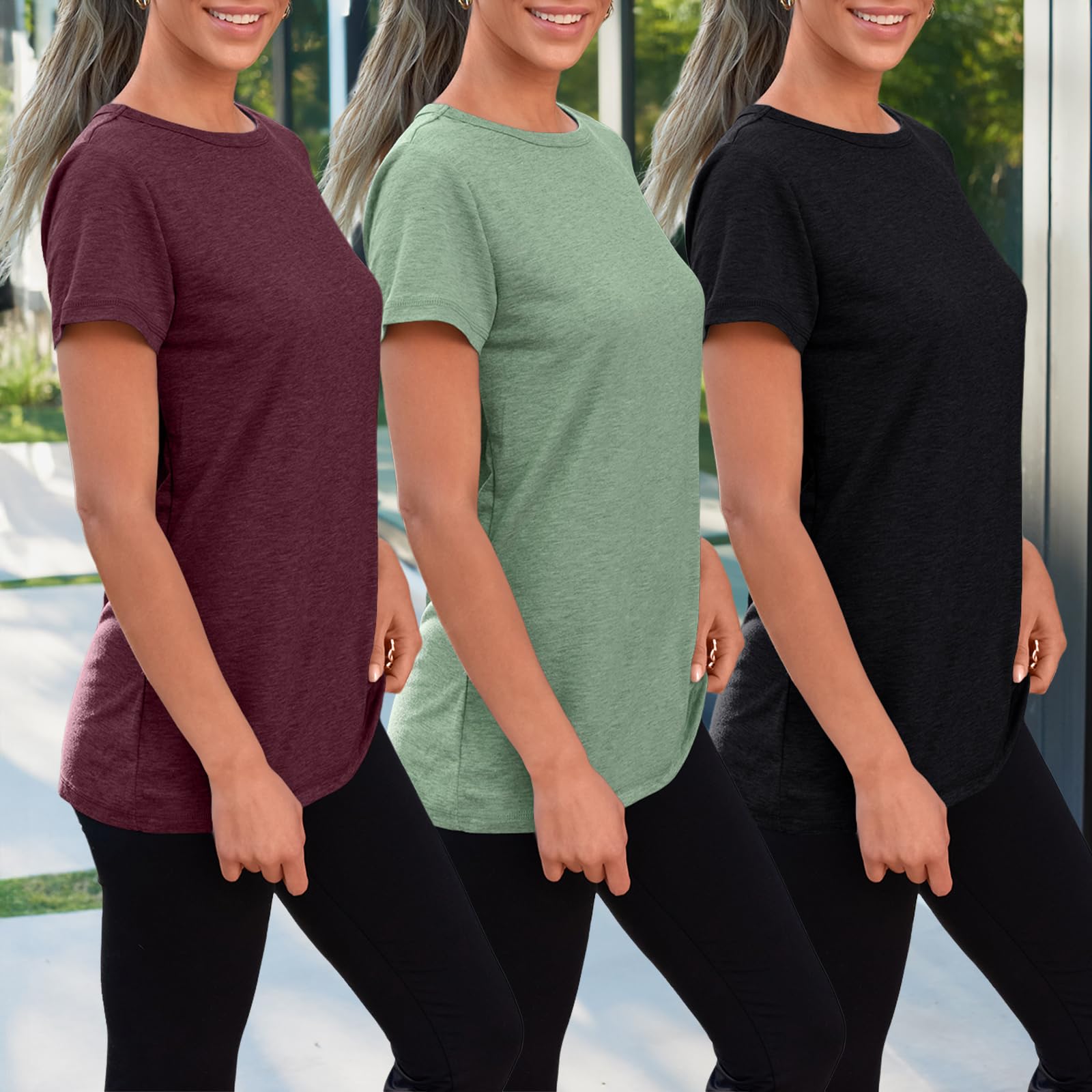 SUNBS Womens Summer Tops Short Sleeve T-Shirts Fashion 3 Pack Basic Tees Comfy Clothes Workout Casual Vacation Outfits 2026 RedGreenBlack L