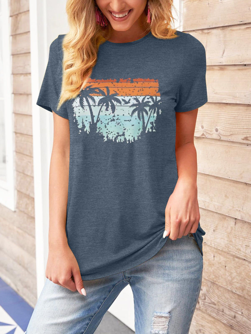 TAKEYAL Graphic Tees for Women Map Count Tree Print Short Sleeve T Shirts Summer Casual Tee Beach Vacation Top (Blue Gray, L)