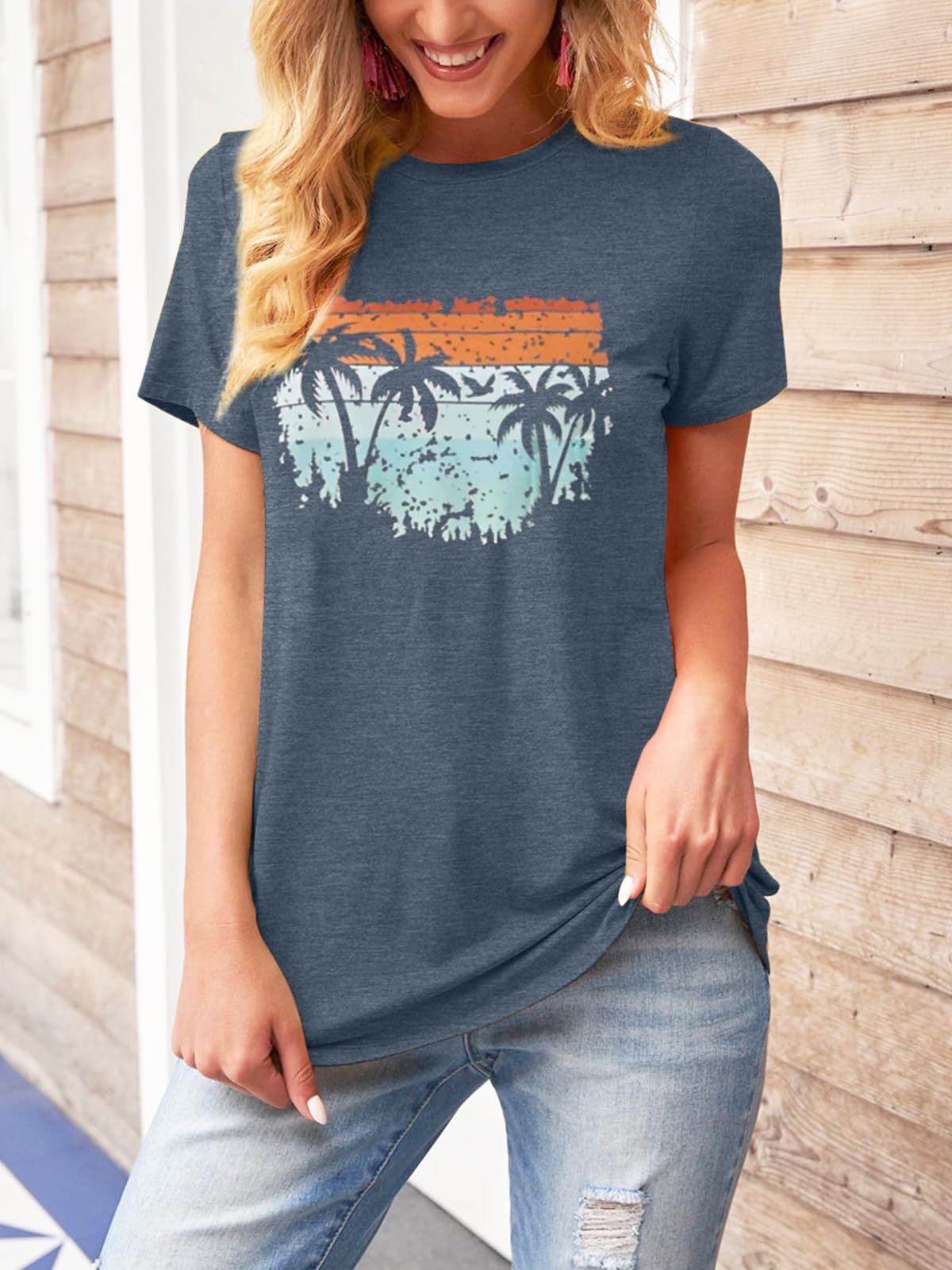 TAKEYAL Graphic Tees for Women Map Count Tree Print Short Sleeve T Shirts Summer Casual Tee Beach Vacation Top (Blue Gray, M)