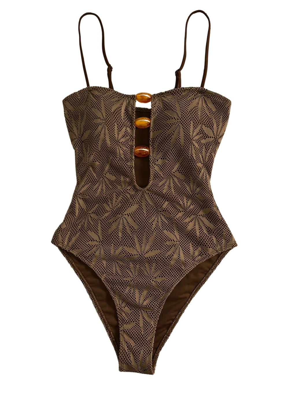 WDIRARA Women's One Piece Cutout Swimsuit High Cut Bathing Suit Spaghetti Strap Vacation Swimwear Brown Medium