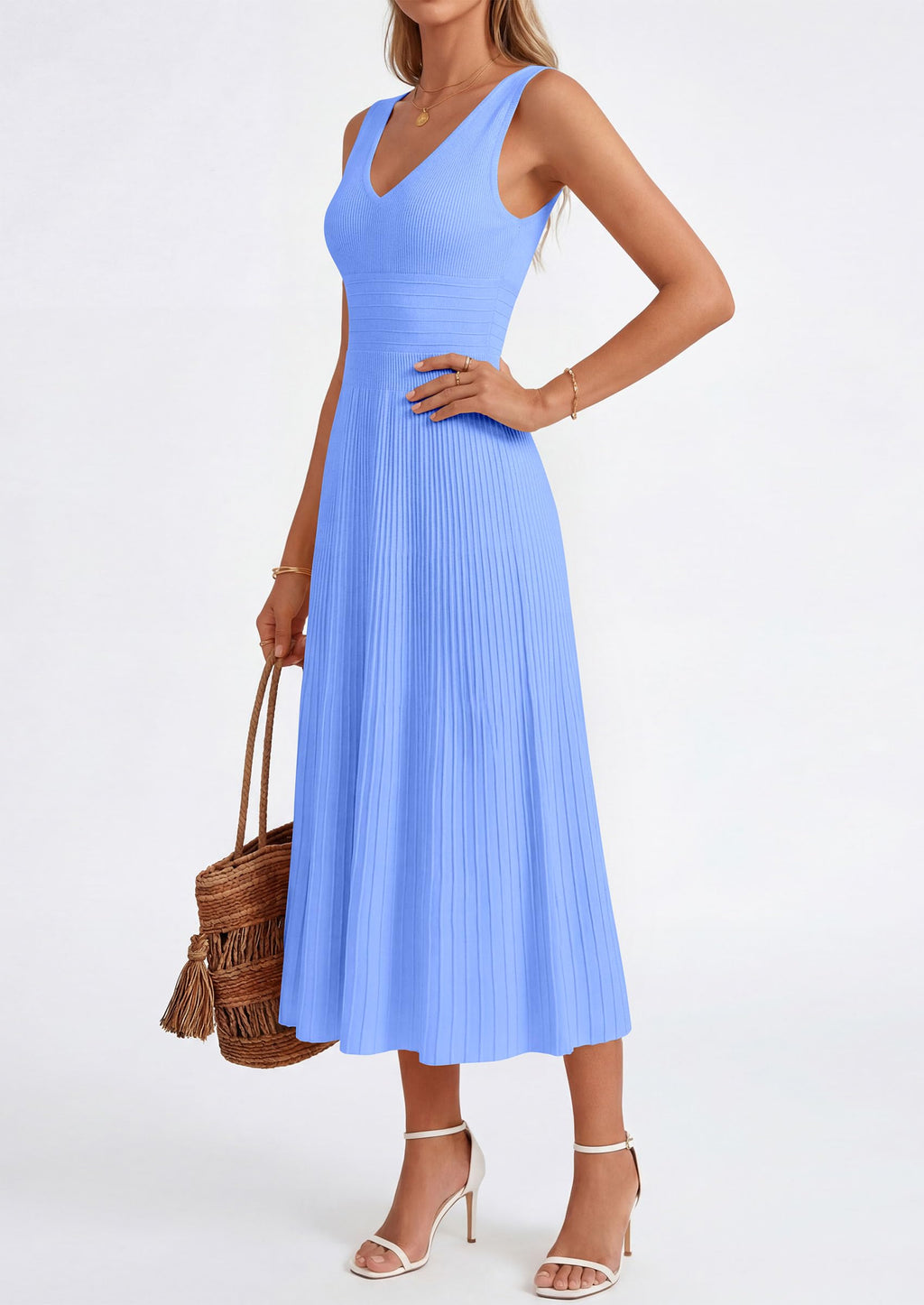 PRETTYGARDEN Summer Dresses for Women 2026 Spring Casual Sleeveless V Neck Pleated Midi Work Cocktail Wedding Guest Dress(Light Blue,X-Large)