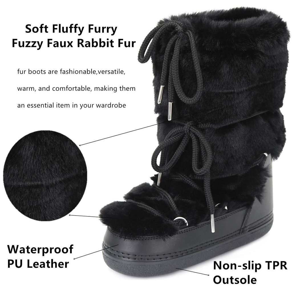 ZHENAIYISHENG Faux Fur Boots for Women - Fuzzy Fluffy Furry Water Resistant Snow Boots for Women - Anti-Slip with Cotton Sponge Lined and TPR Rubber Sole Black White Fur Boots black 8 9
