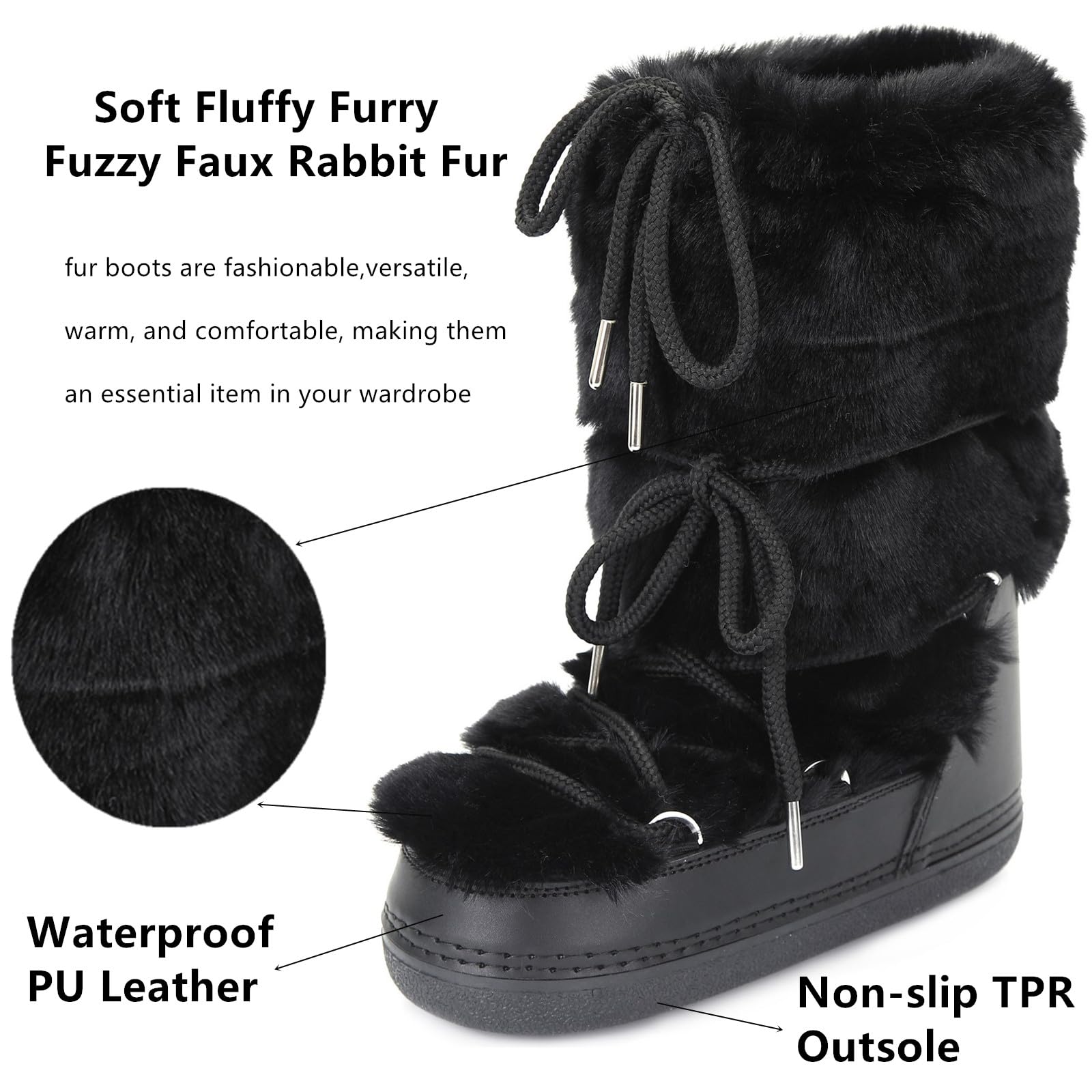 ZHENAIYISHENG Faux Fur Boots for Women - Fuzzy Fluffy Furry Water Resistant Snow Boots for Women - Anti-Slip with Cotton Sponge Lined and TPR Rubber Sole Black White Fur Boots black 8 9