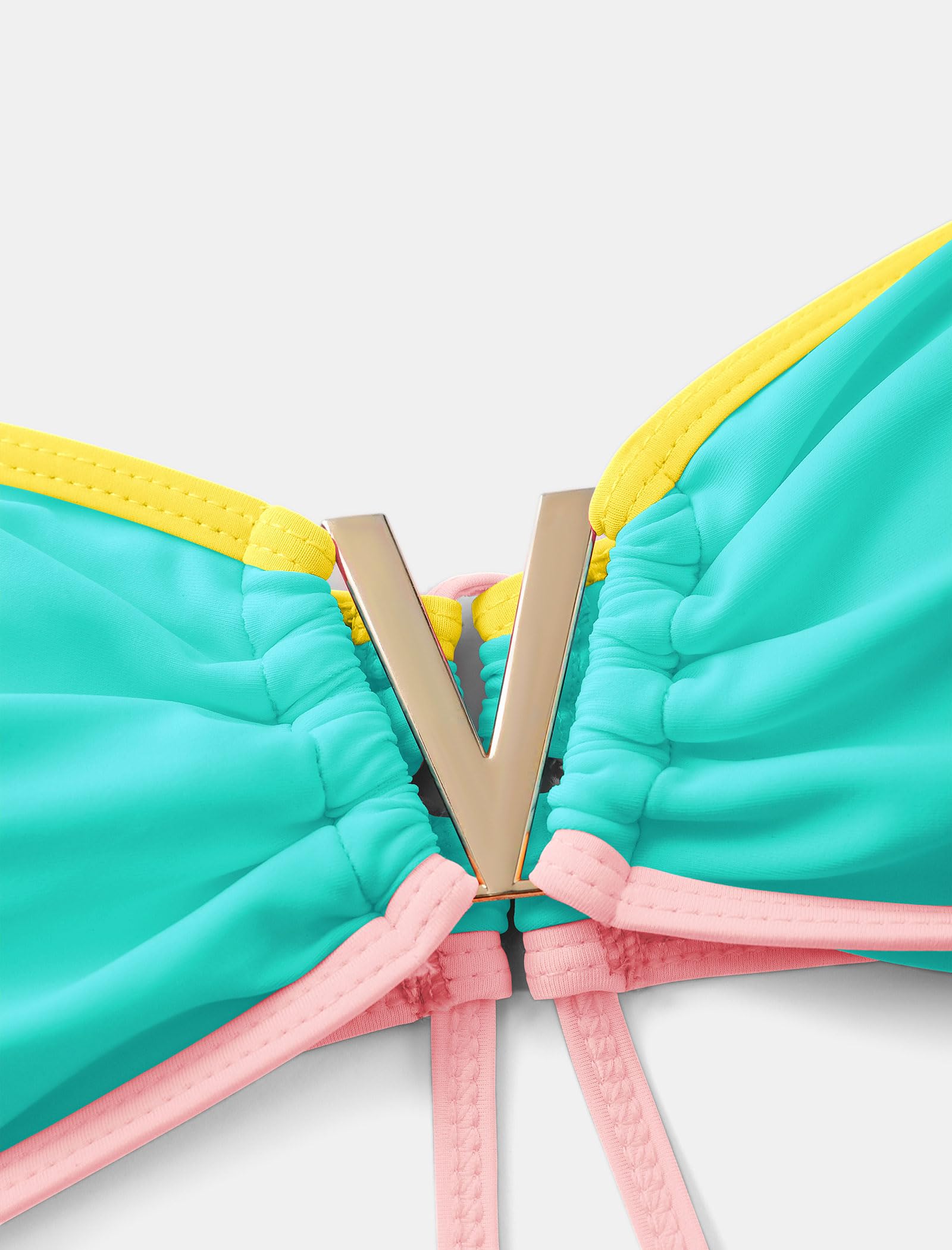 ZAFUL Women's Bandeau Bikini V Strapless Confetti Colorblock Tie Back High Cut Two Piece Swimsuit Bathing Suits (1-Turquoise, M)