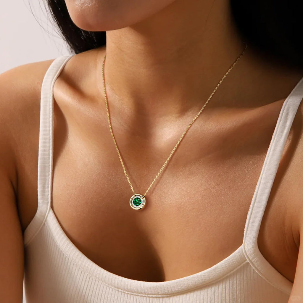 May‌ Emerald Birthstone Necklaces for Women 14K Gold Plated 925 Sterling Silver Round Emerald Pendant Necklace Anniversary Jewelry Gifts