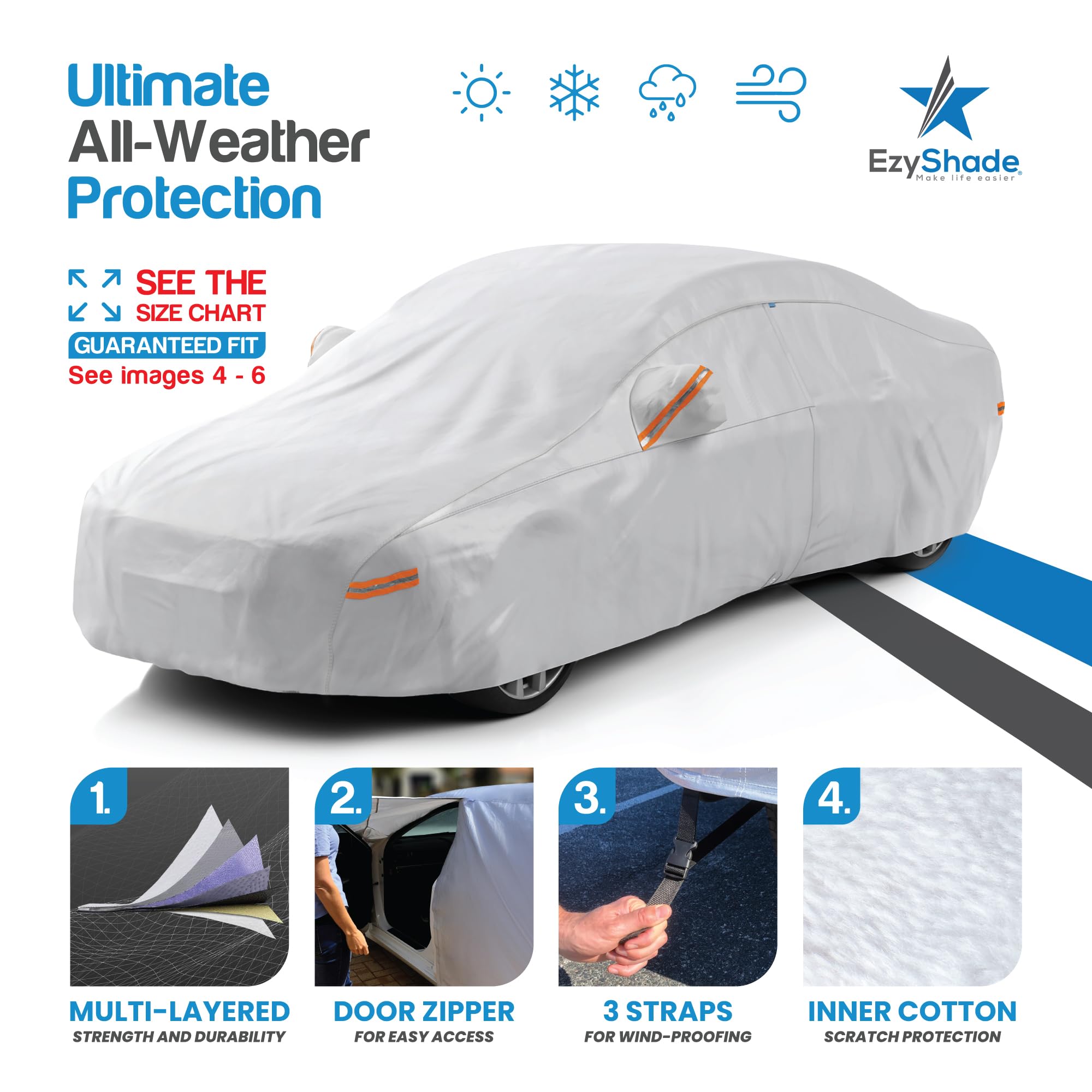 EzyShade 10-Layer Car Cover Waterproof All Weather - See Vehicle Size-Chart - Car Covers for Automobiles & Car Snow Cover - Full Exterior Covers - Winter Rain Sun SUV Sedan. Size A4 (See SizeChart)