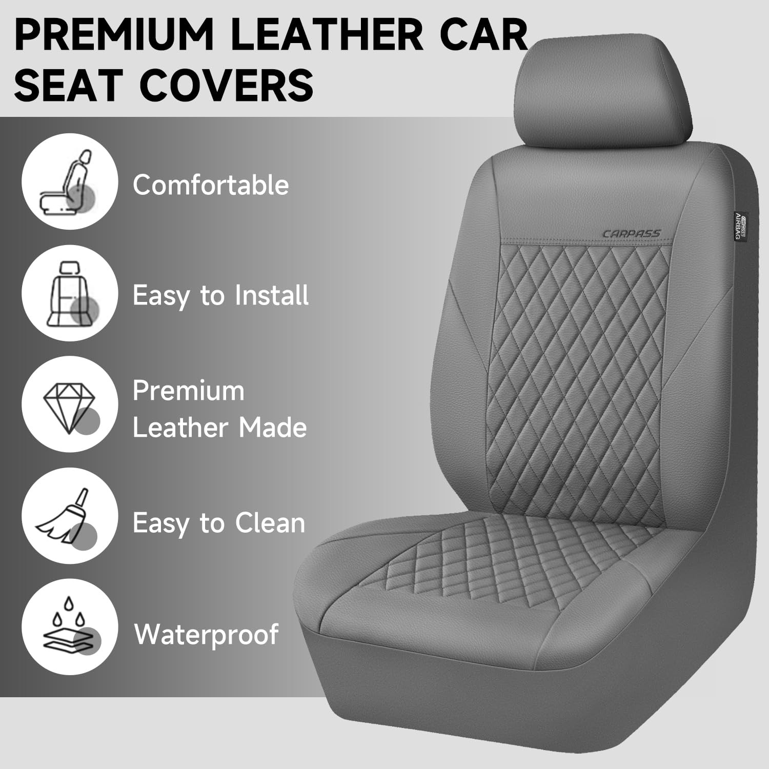CAR PASS Quilting Faux Leather Seat Covers Full Set, Waterproof Deluxe PU Premium Auto Seat Cover, Breathable Seat Covers Universal Fit for Most Sedan SUV Van Small Truck, Airbag Compatible All Gray