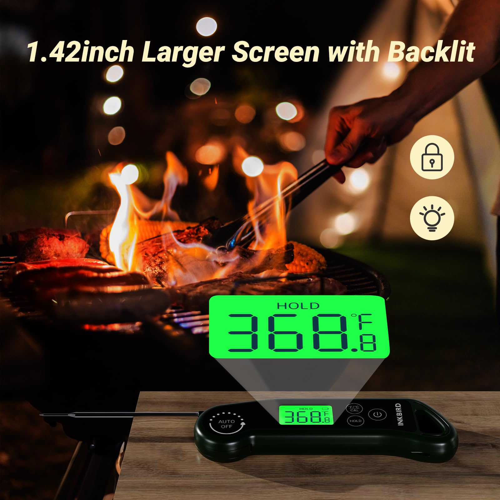INKBIRD 0.5 Seconds Instant Read Meat Thermometer for Cooking RHT-11K, ±0.5℉ Accuracy Digital Food Thermometer with 1.42inch Large Screen, Waterproof Kitchen Thermometer for Candy, Grill, BBQ, Brewing