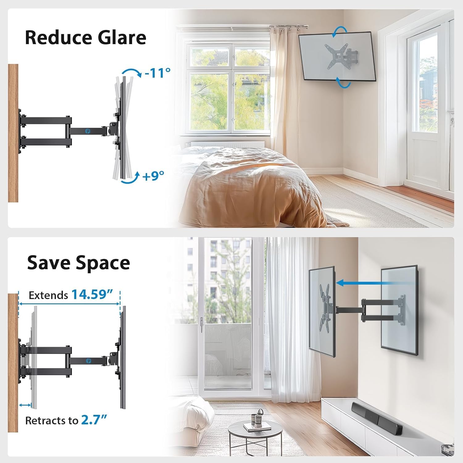 Pipishell Full Motion TV Wall Mount for Echo Show 21/15 and 13-43 Inch Flat Curved Screen TVs & Monitors, Max VESA 200x200mm up to 44lbs, TV Mount Wall Bracket with Rotation Swivel Tilt Extension