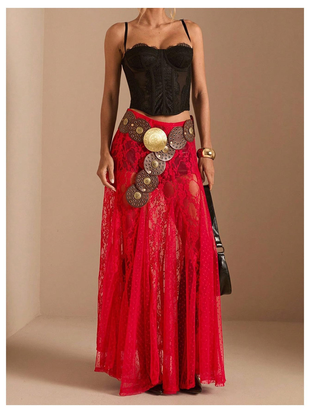 WDIRARA Women's Sexy See Through Sheer Lace Maxi Skirt Low Waist Ruffle Hem A Line Flowy Skirt Red Medium