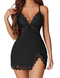 Avidlove Women Lingerie Lace Nightgown Chemise Spaghetti Strap Babydoll Modal Sleepwear V-Neck Full Slip Side Slit Nightwear Black M