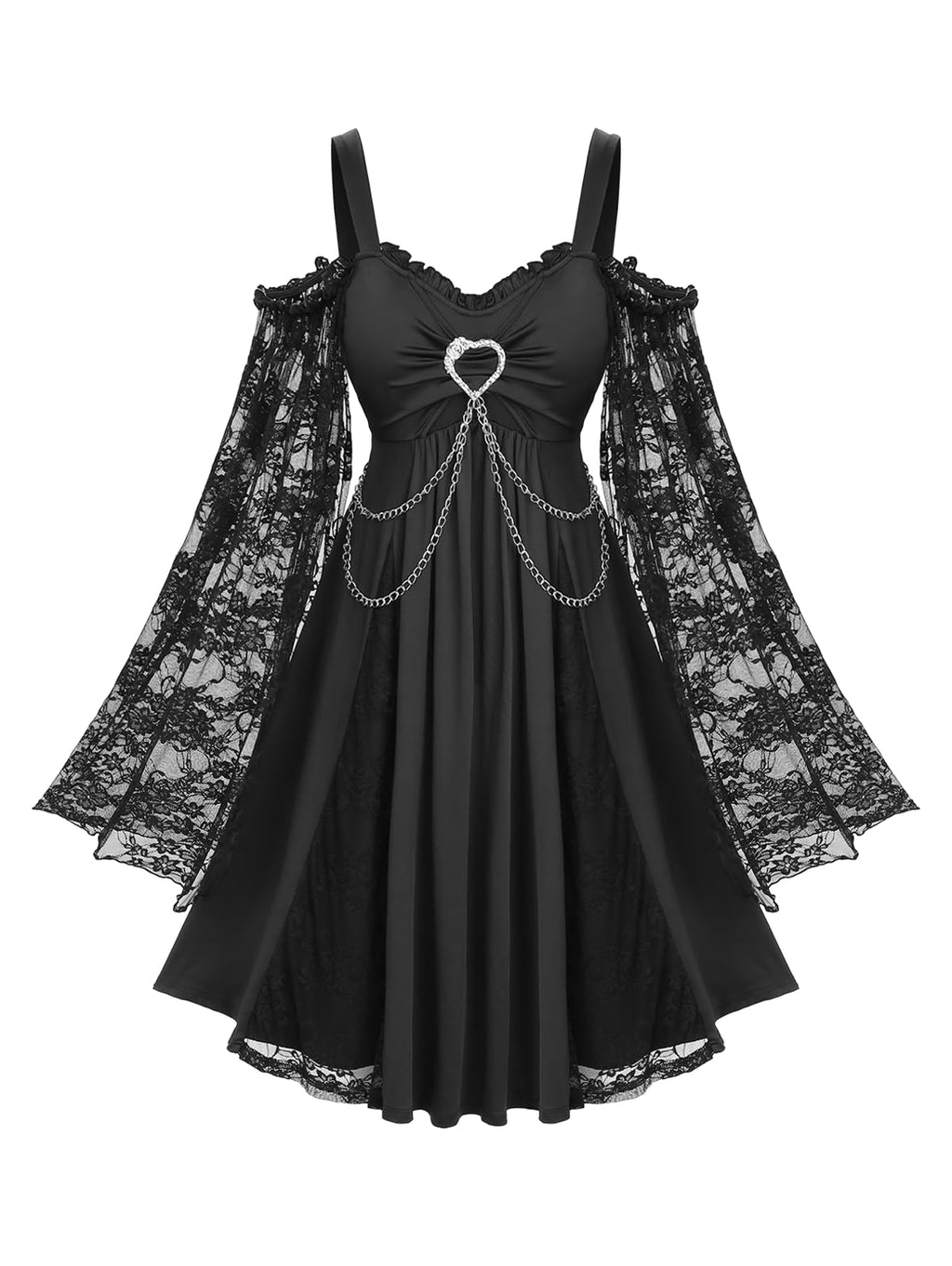 ROSE GAL Plus Size Women Halloween Witchy Costume Gothic Vintage Lace Long Bell Sleeve Cold Shoulder Chain Flowy Goth Vampire Dresses(Black/1X)