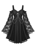 ROSE GAL Plus Size Women Halloween Witchy Costume Gothic Vintage Lace Long Bell Sleeve Cold Shoulder Chain Flowy Goth Vampire Dresses(Black/1X)