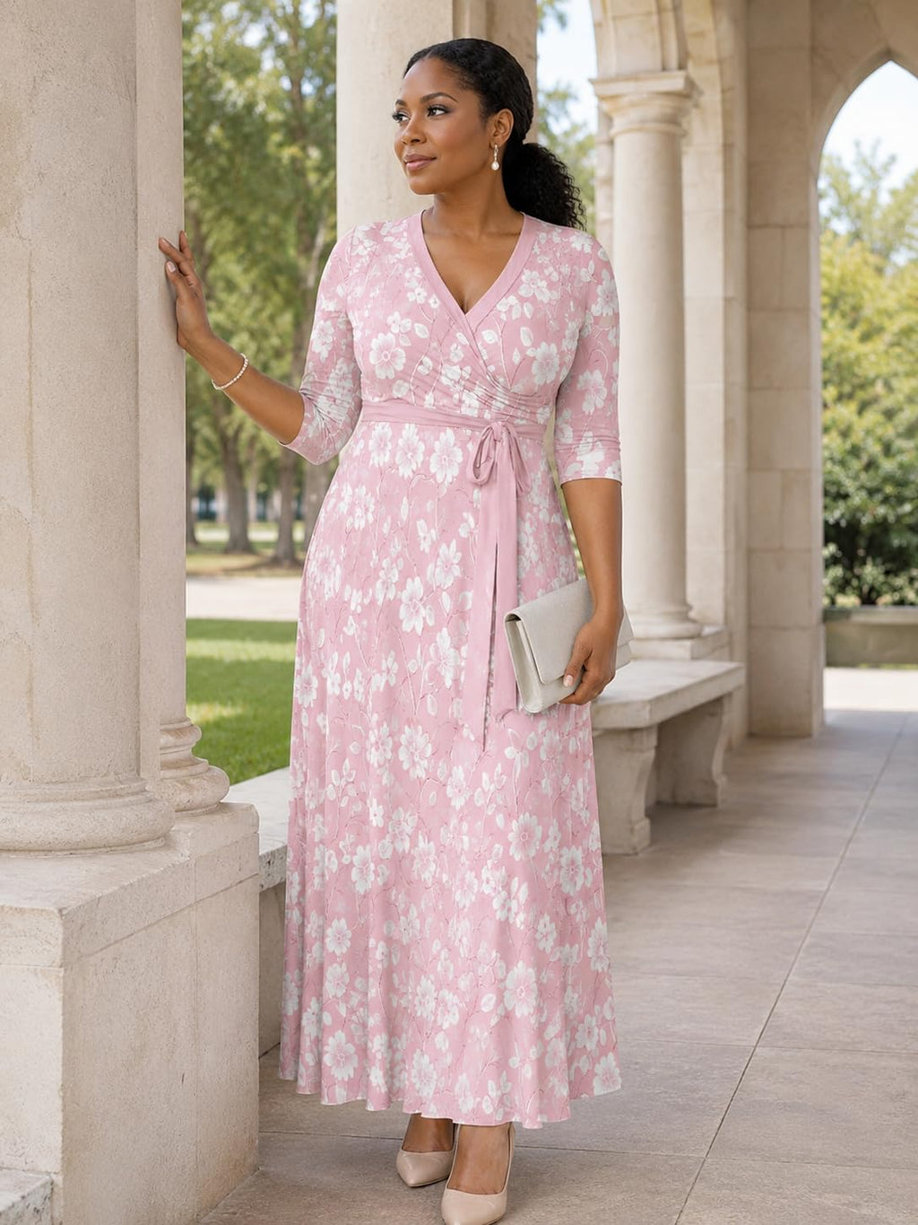 PinkPatty Plus Size Maxi Dress for Women Casual V Neck 3/4 Sleeve Boho Printed Long Dress with Pockets (Floral1 2XL)