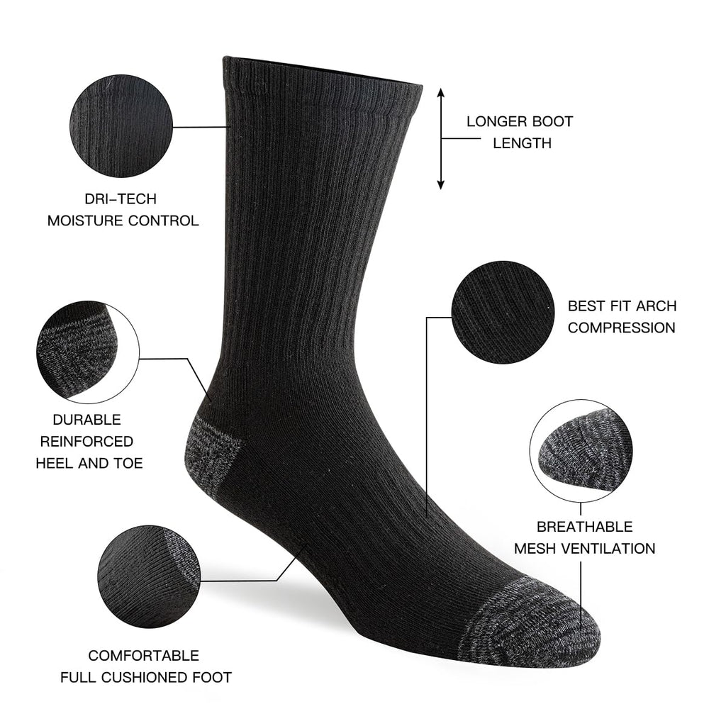JOYNÉE 8 Pairs Mens Crew Cushion Socks Work Athletic Running Socks Casual Breathable Socks for Men,Black,Sock Size:10-13
