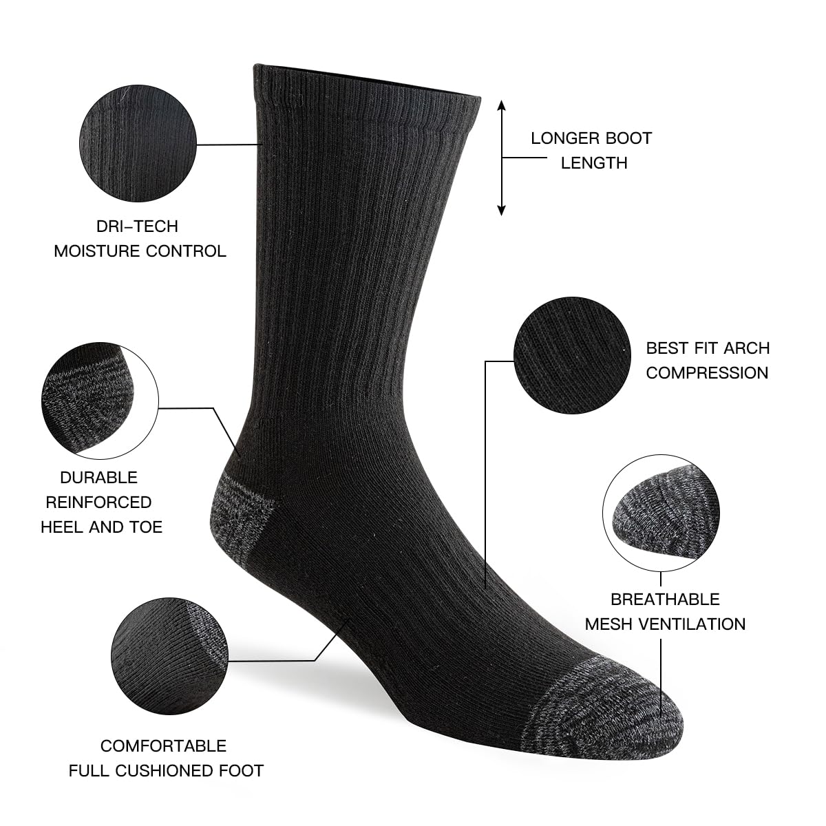 JOYNÉE 8 Pairs Mens Crew Cushion Socks Work Athletic Running Socks Casual Breathable Socks for Men,Black,Sock Size:10-13