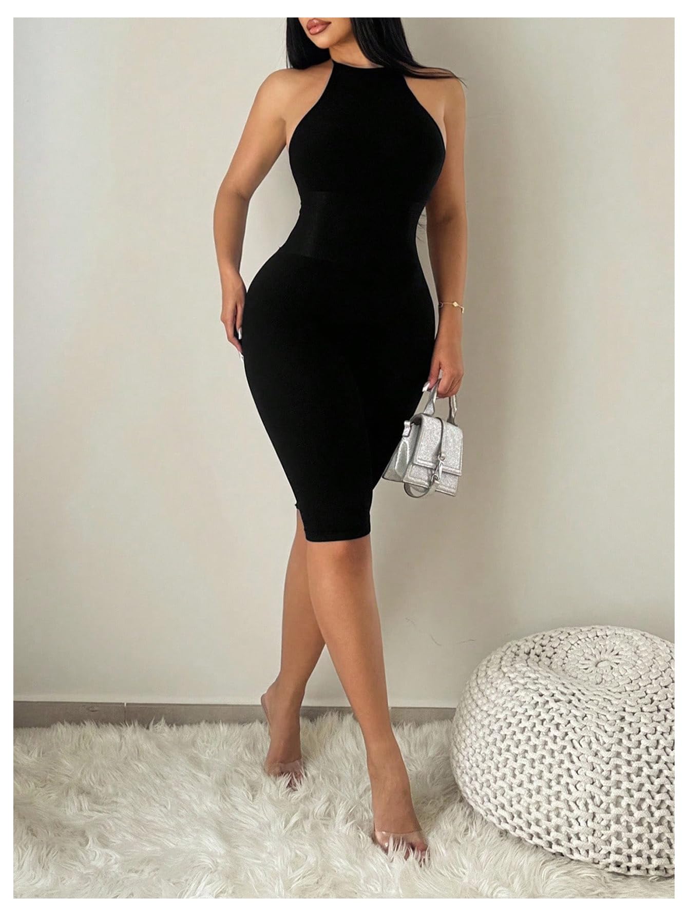 WDIRARA Women's Tie Backless Halter Jumpsuits Tummy Control Date Night Unitard Sexy Rompers Black Small