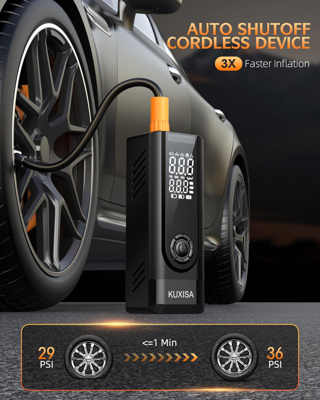 KUXISA Tire Inflator Portable Air Compressor, 3X Faster Air Compressor with Digital Pressure Gauge, 180 PSI Portable Air Pump for Cars, Motorcycles, Bicycles, Balls and More(Black)