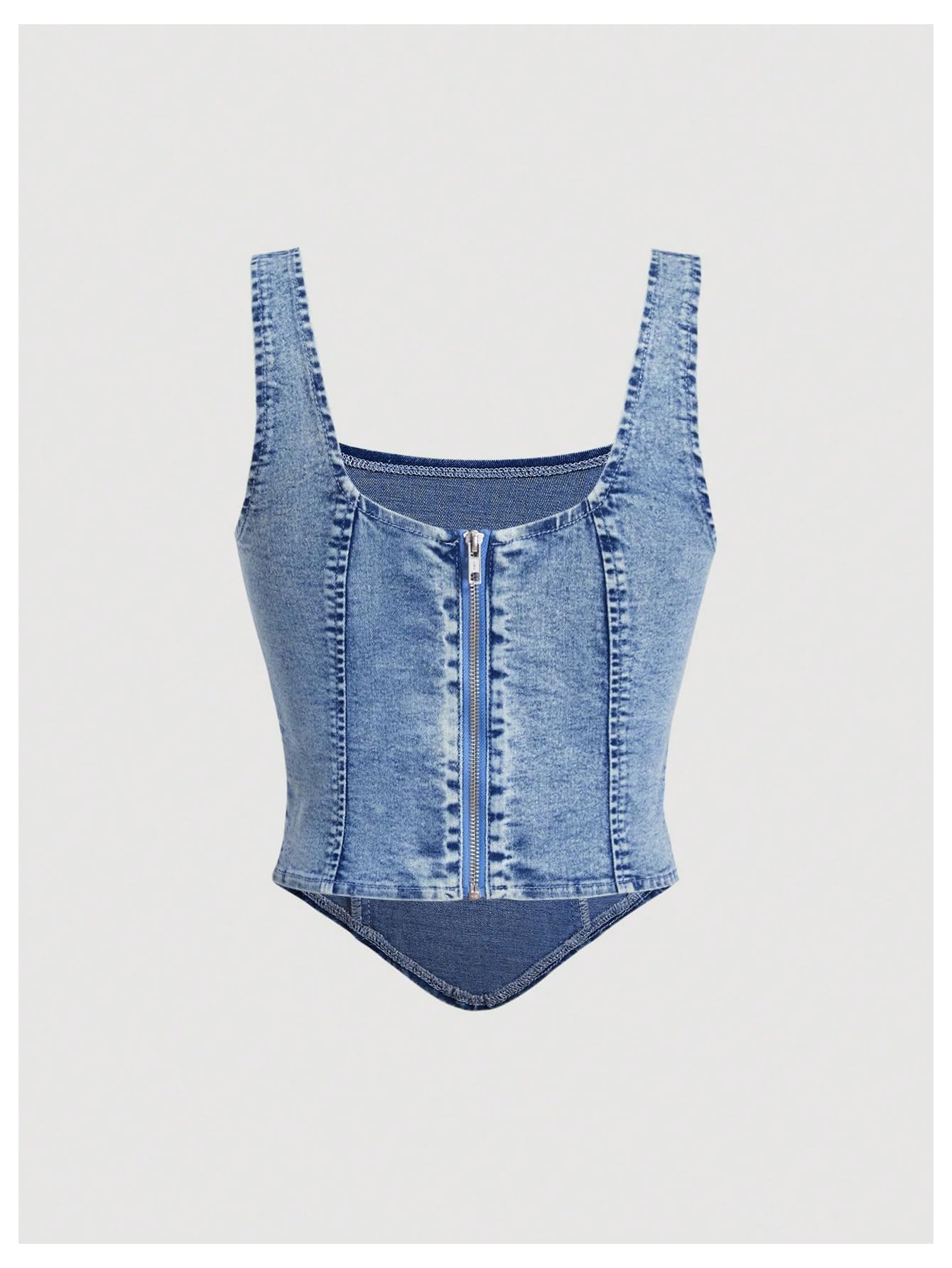 WDIRARA Women's Denim Corset Tank Top Asymmetrical Hem Crop Tops Sleeveless Zip Up Back Tanks Light Wash Small