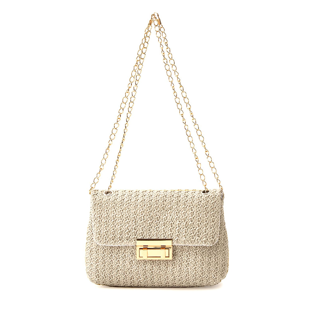 EONTISO Woven Straw Purse Summer Clutch, Gold Chain, Flap with Turn-Lock Closure (White)
