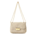 EONTISO Woven Straw Purse Summer Clutch, Gold Chain, Flap with Turn-Lock Closure (White)